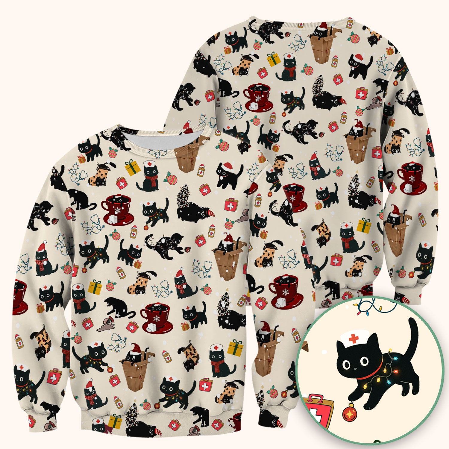 Christmas Cat Scrub Top for Nurse - Funny Black Cats Shirt - Cute Holiday Medical Uniform for Women