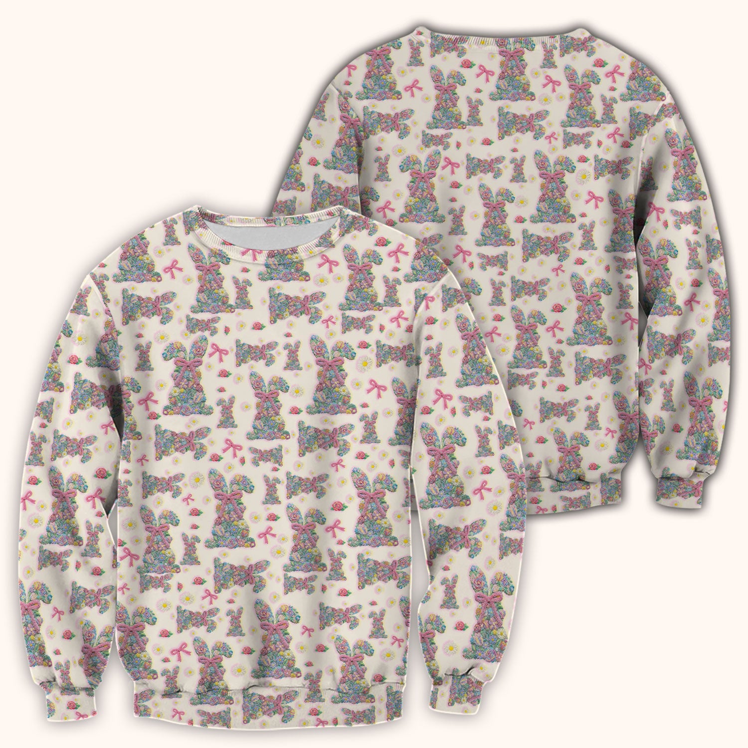Colorful Floral Bunny with Pink Bow Pattern Scrub Top, Breathable Fabrics Nursing Uniform, Easter