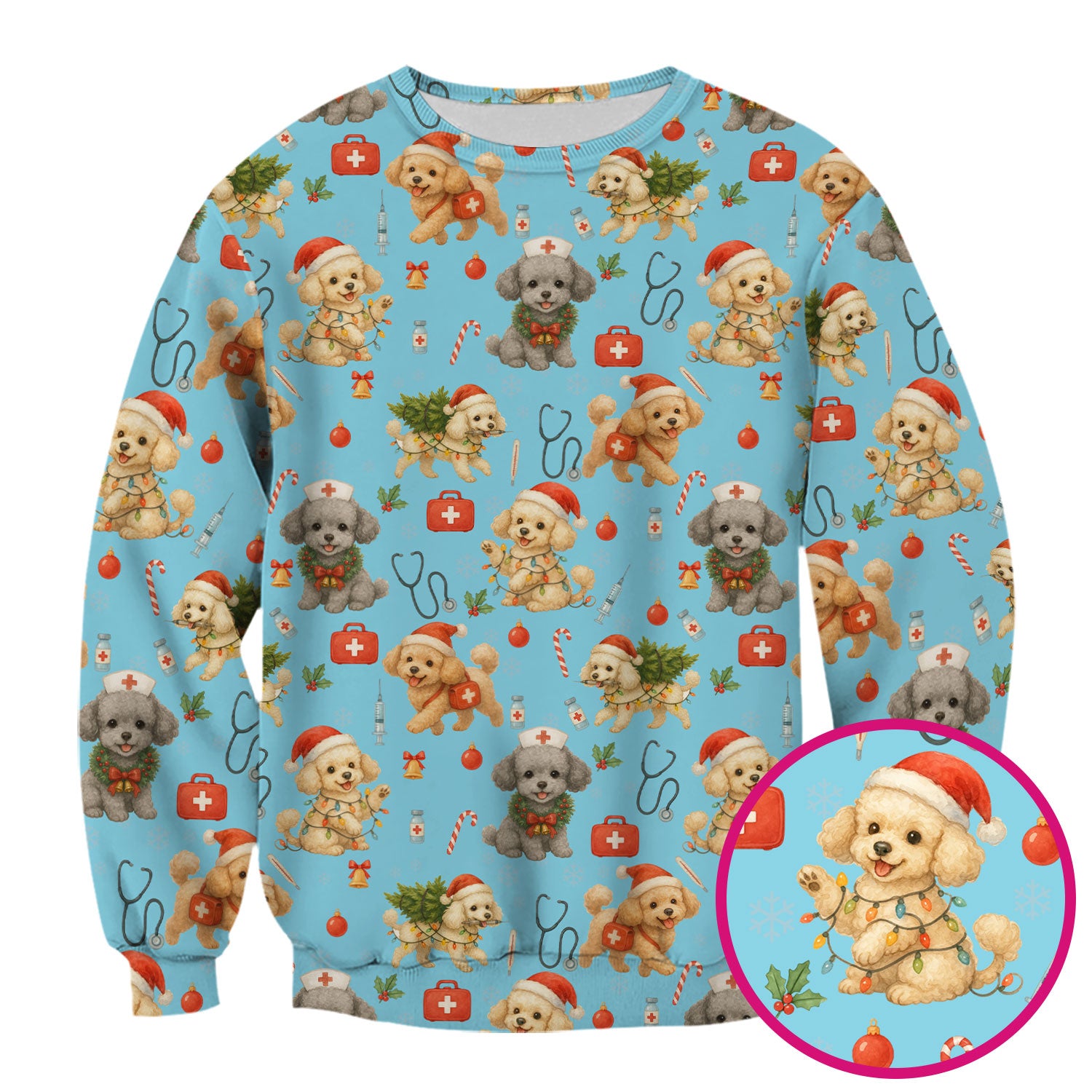 Christmas Puppy Scrub Top - Cute Dog Nurse Shirt with Santa Hat - Holiday Medical Scrubs Gift for Women CNA RN Doctor