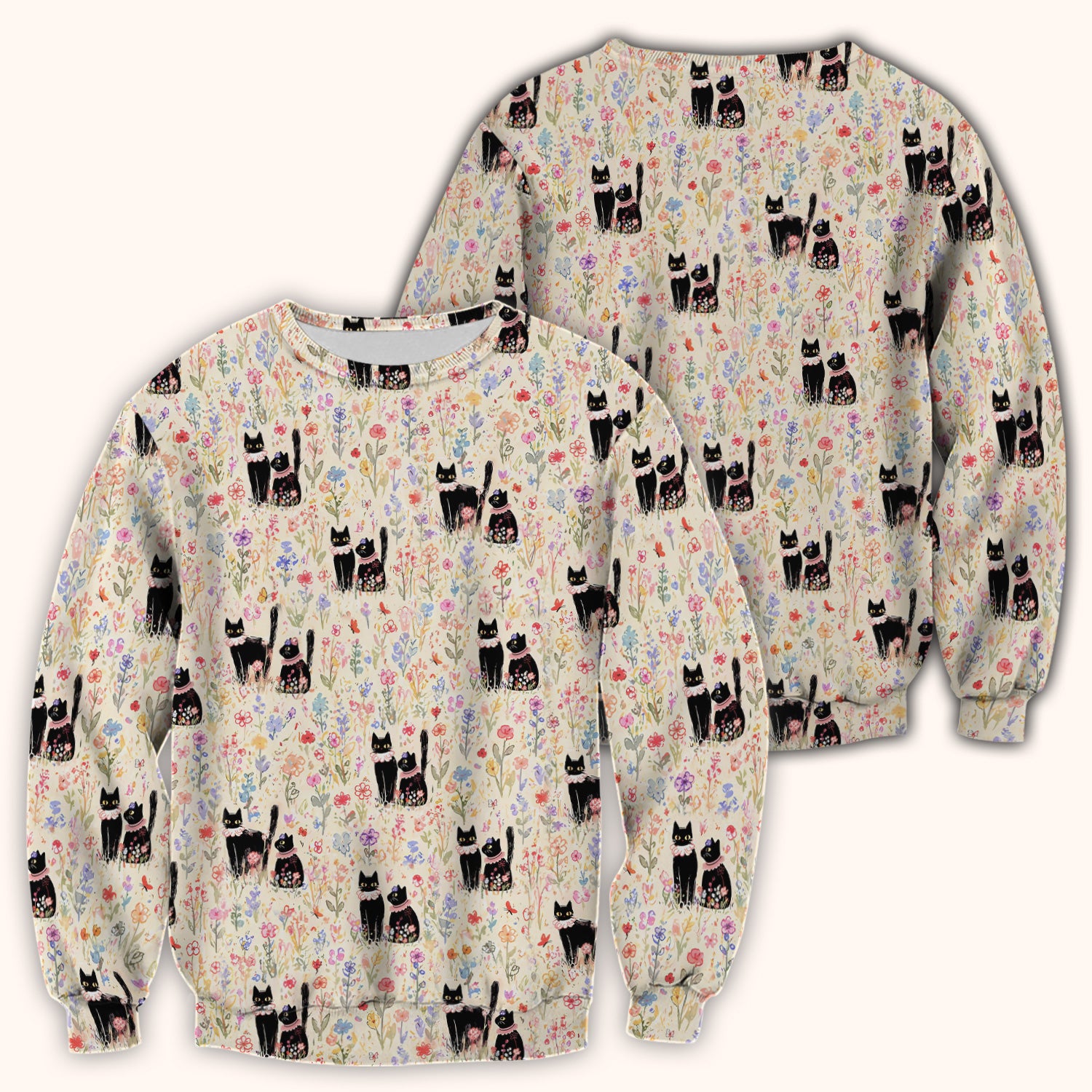 Cute Black Cats Wildflower Garden Pattern Scrub Top, Comfortable Scrubs for Nurses