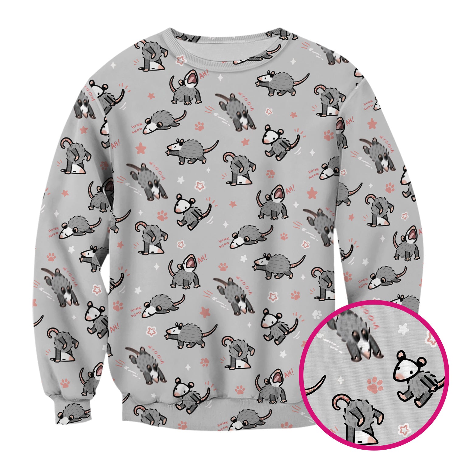Playful Cartoon Opossum Character Pattern Scrub Top, Breathable Fabrics Nursing Uniform