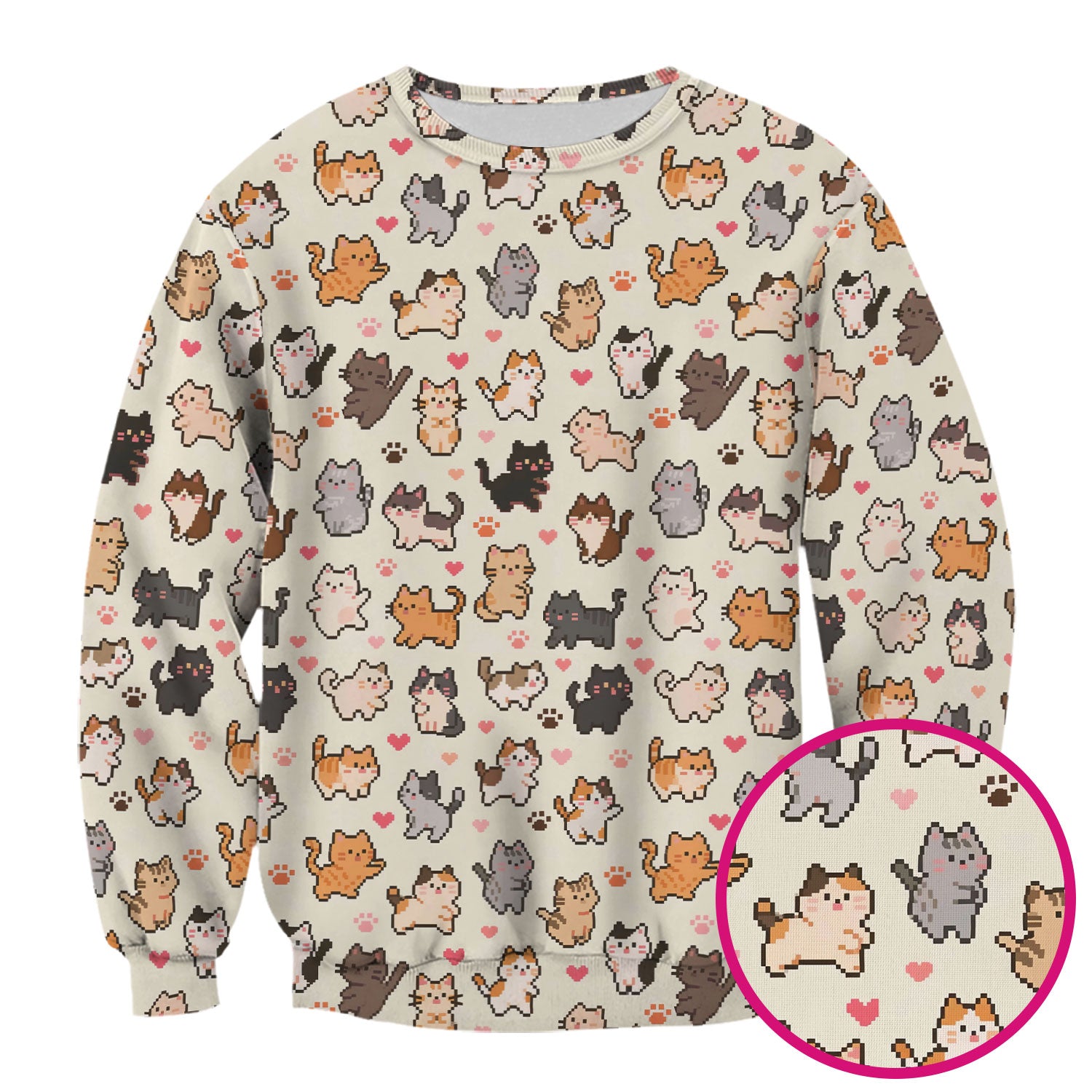 Cute Pixel Cat Heart Paw Pattern Scrub Top, Breathable Fabrics Nursing Uniform