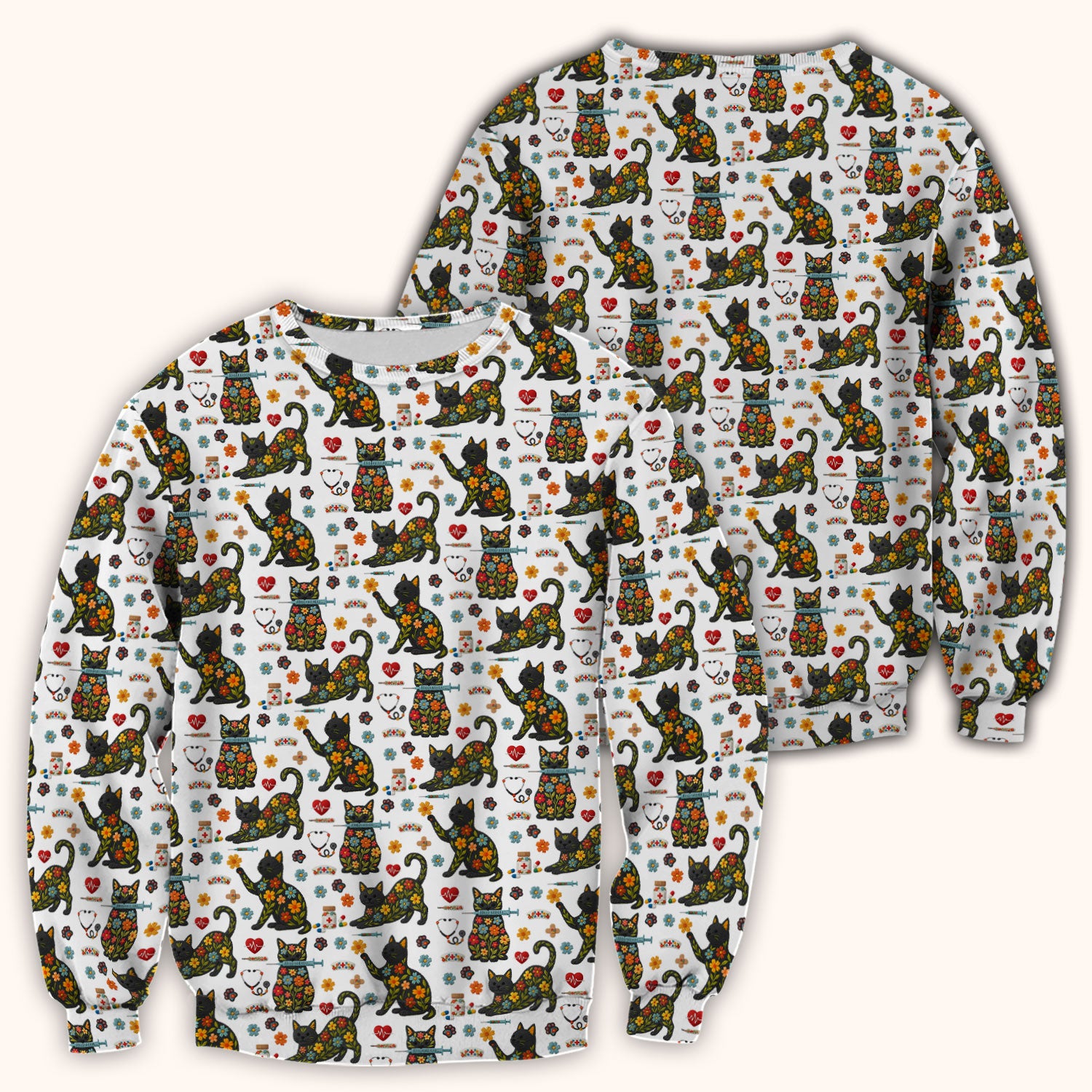 Floral Black Cat Pattern Scrub Top, Cute Cat Nurse Scrub Shirt, Medical Nursing Uniform