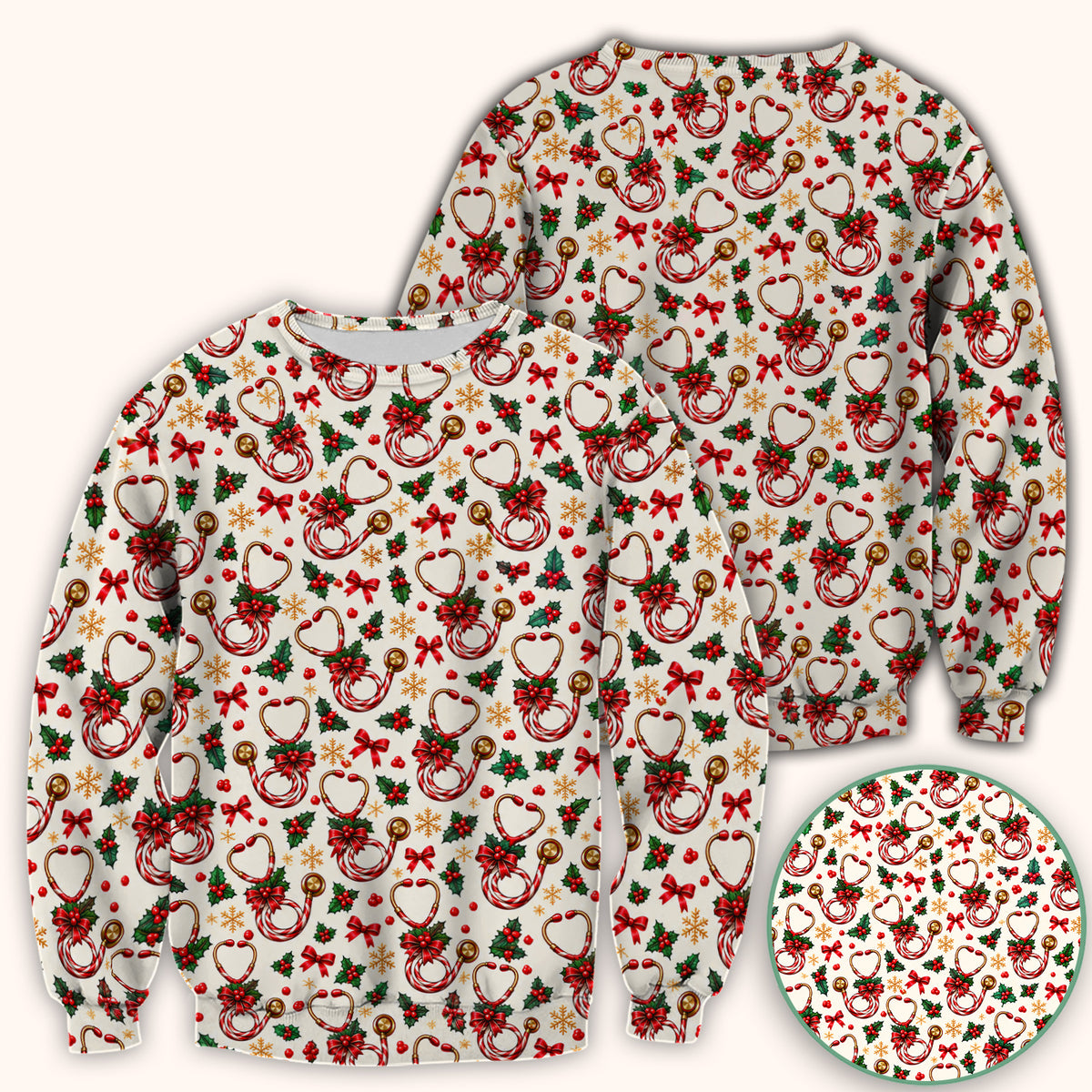Christmas Candy Cane Stethoscope Pattern Scrub Top, Comfortable Scrubs for Nurses