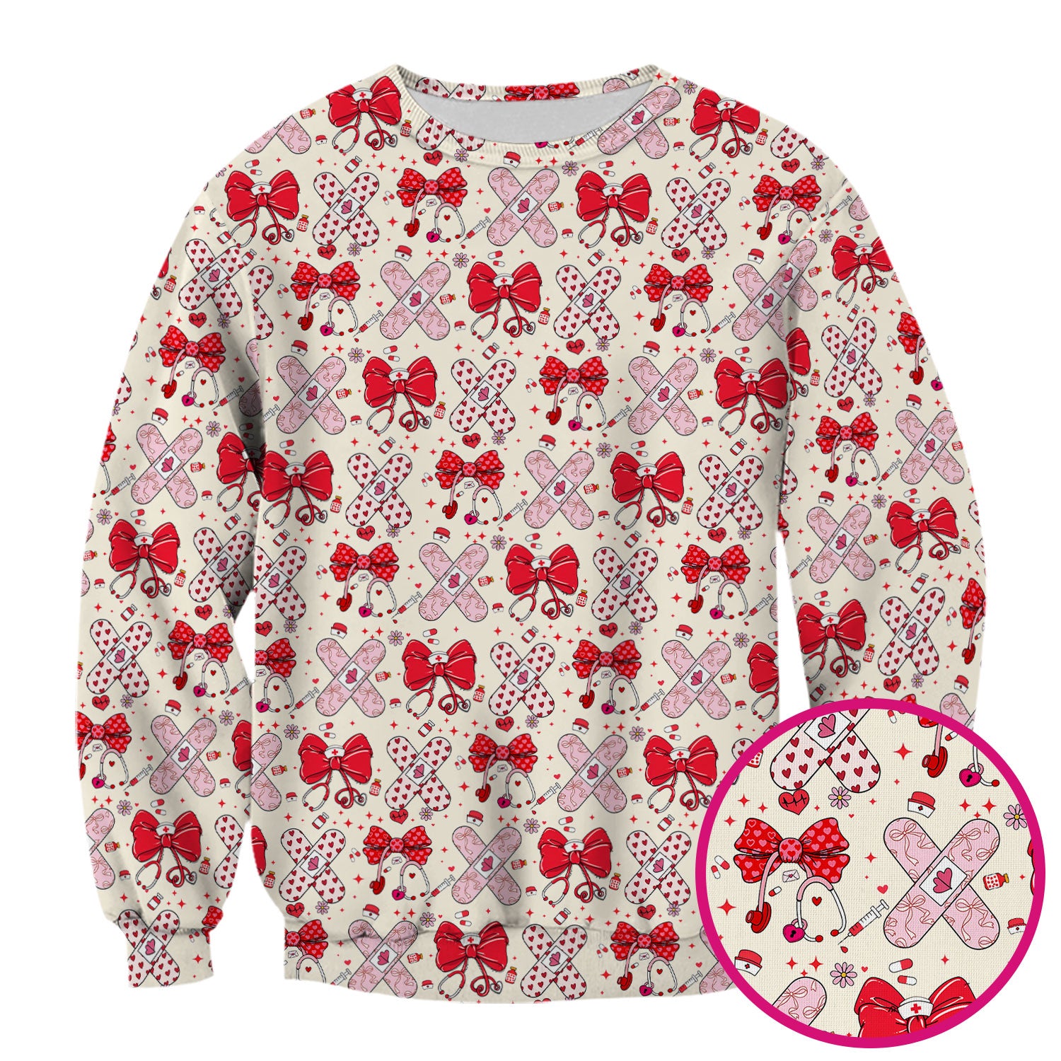 Valentine Nurse Scrub Top, Red Bow And Heart Bandage Pattern Medical Shirt, Breathable Fabrics Nursing Uniform