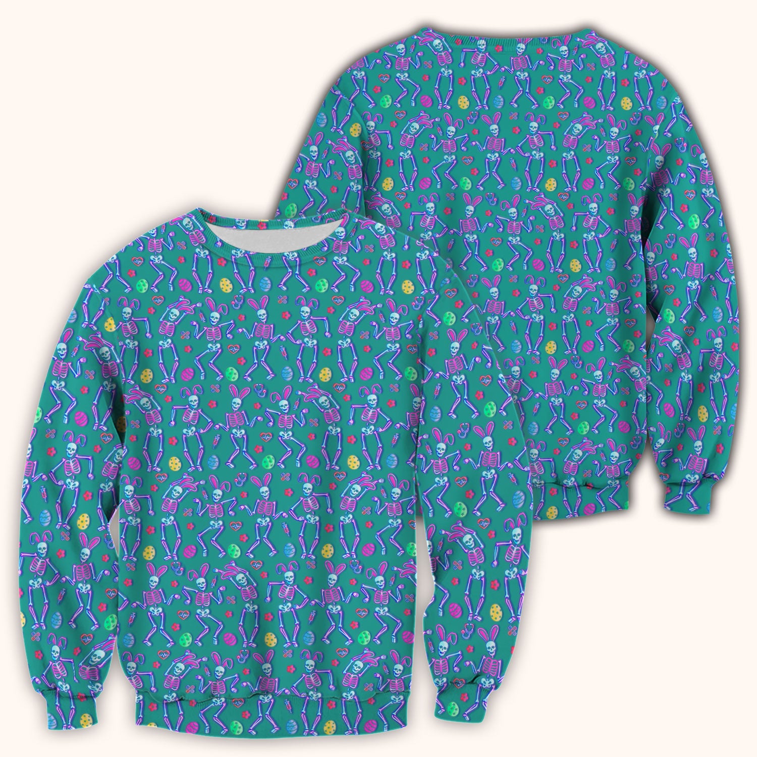 Neon Easter Skeleton Pattern Scrub Top, Comfortable Scrubs for Nurses