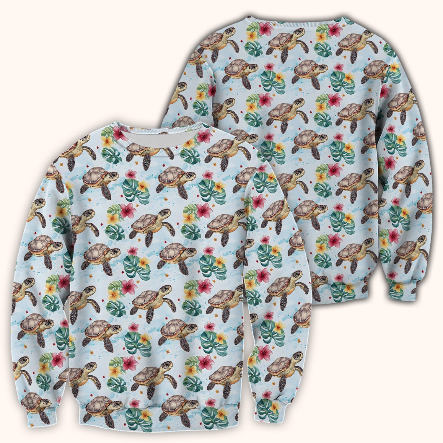 Sea Turtle Tropical Floral Pattern Scrub Top, Comfortable Scrubs for Nurses