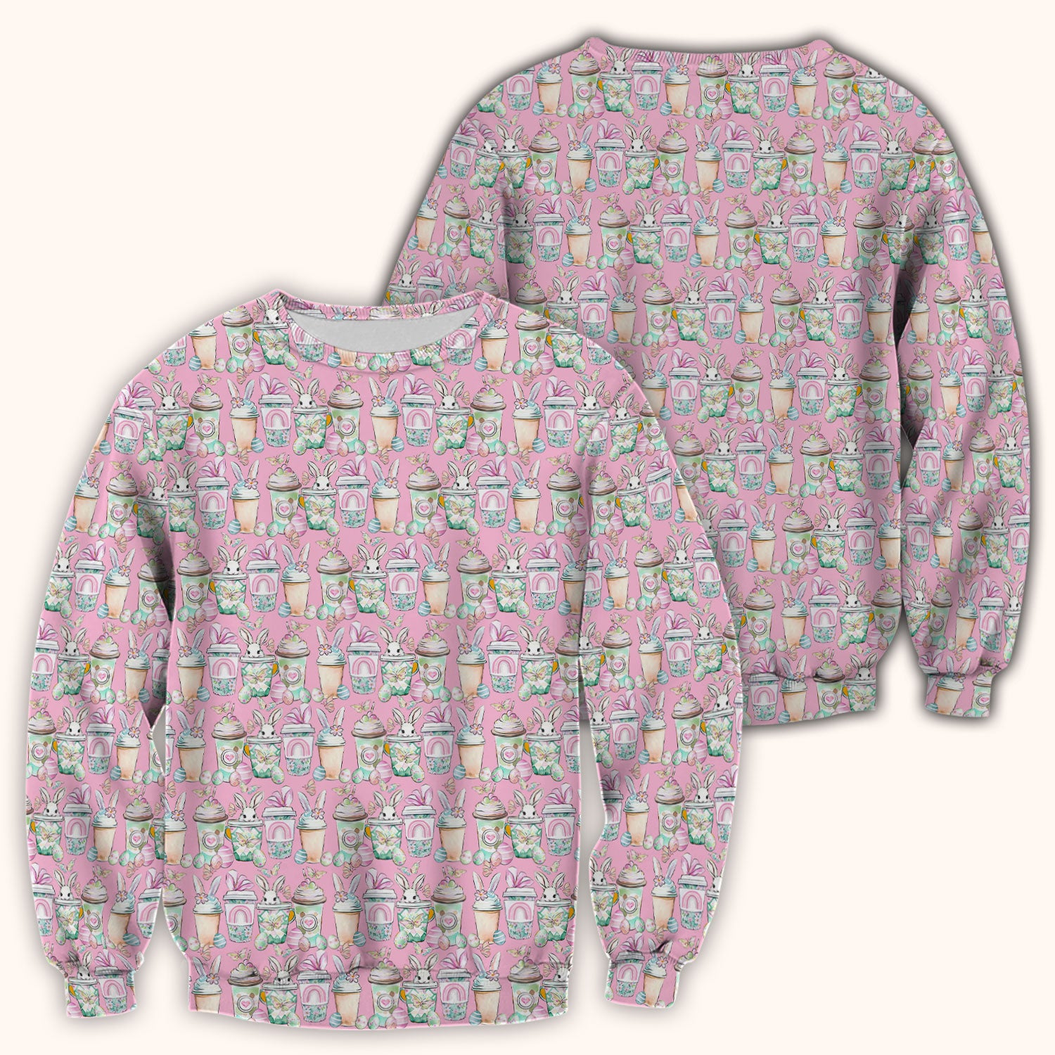 Cute Easter Bunny Coffee Cup Pattern Scrub Top, Comfortable Scrubs for Nurses