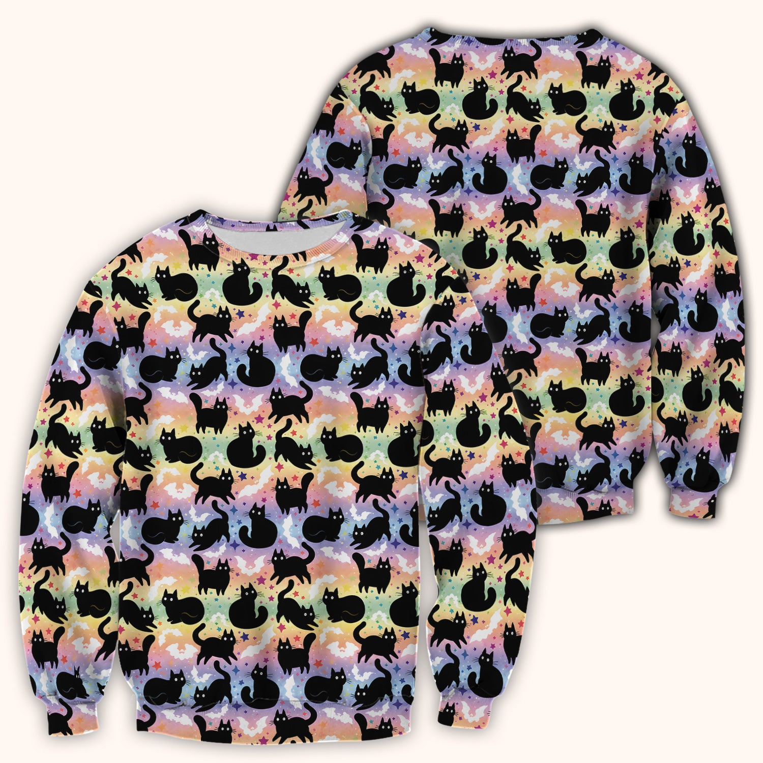Pastel Star Black Cat Pattern Scrub Top for RN, CNA, Cat Lover Uniform
