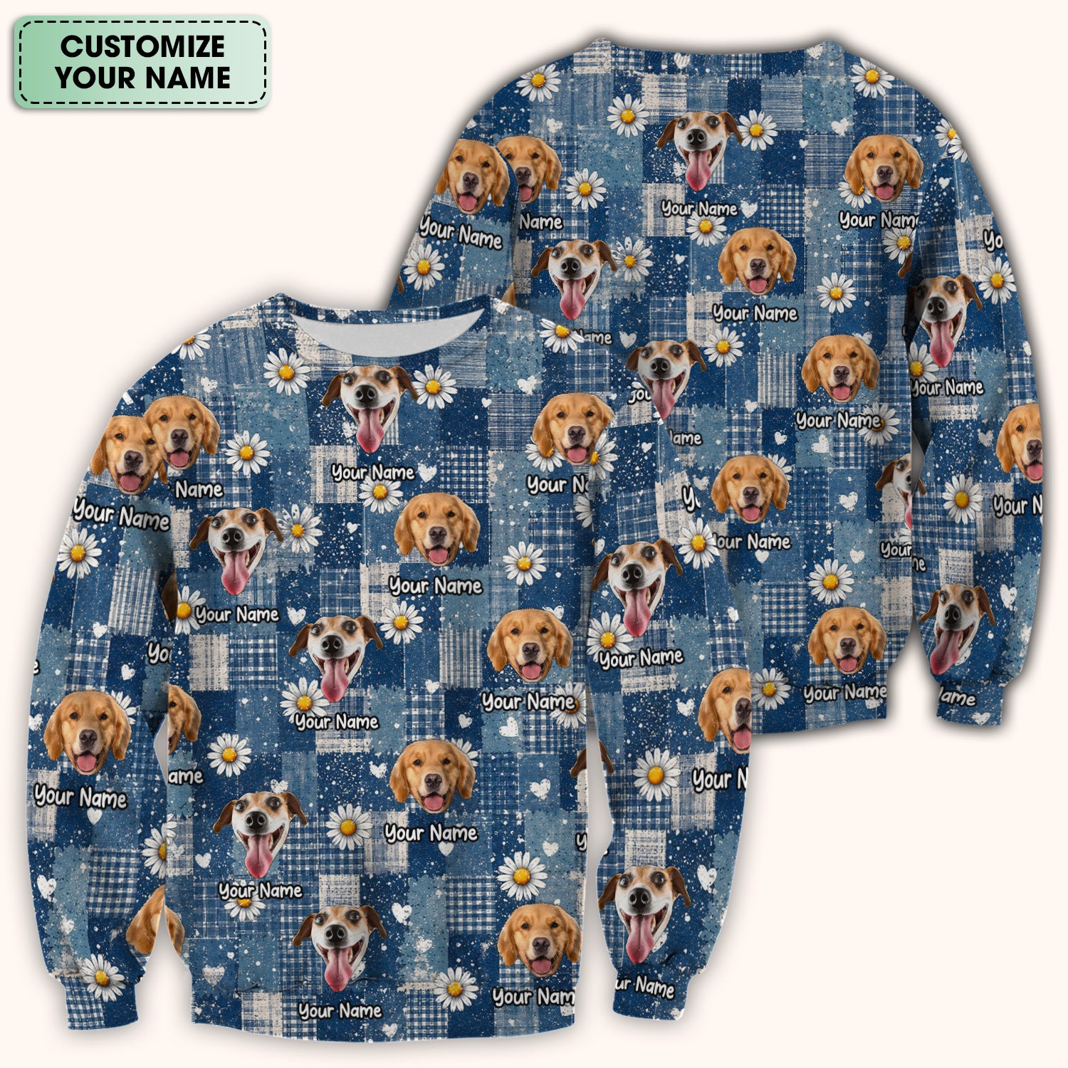 Personalized Cute Dog Portrait On Blue Patchwork Daisy Pattern Scrub Top, Comfortable Scrubs for Nurses