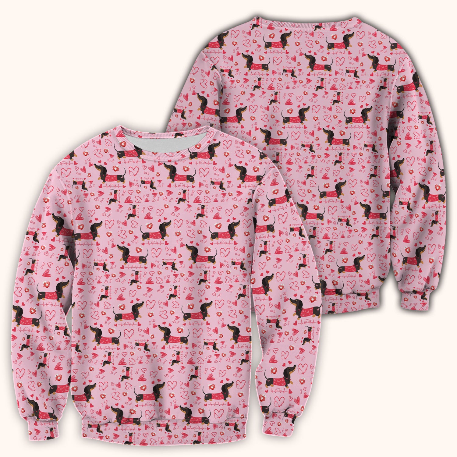 Dachshund Valentine Scrub Top, Cute Wiener Dog Heart Pattern Nurse Shirt, Breathable Fabrics Nursing Uniform