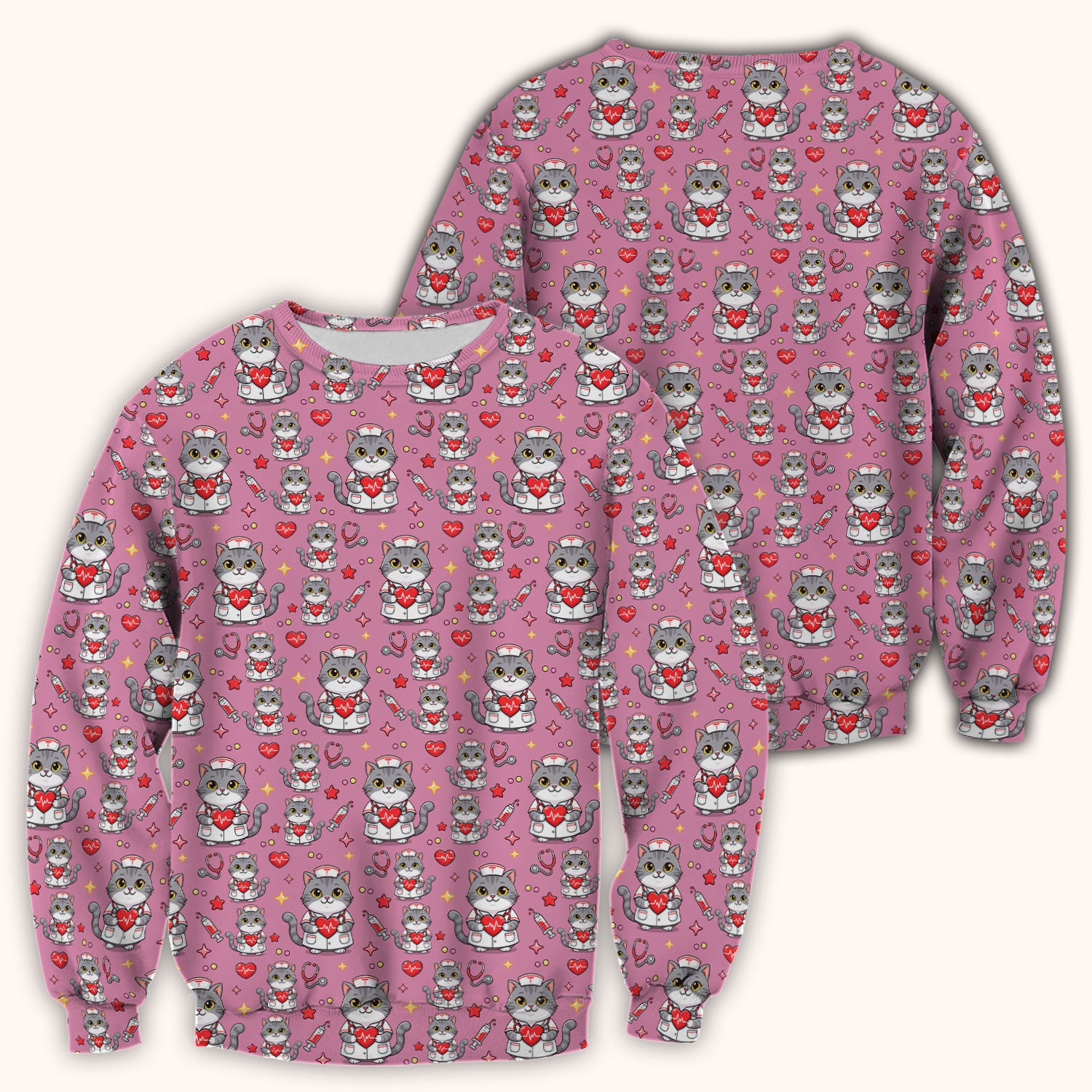 Cute Nurse Cat Heart Medical Print Scrub Top, Comfortable Scrubs for Nurses