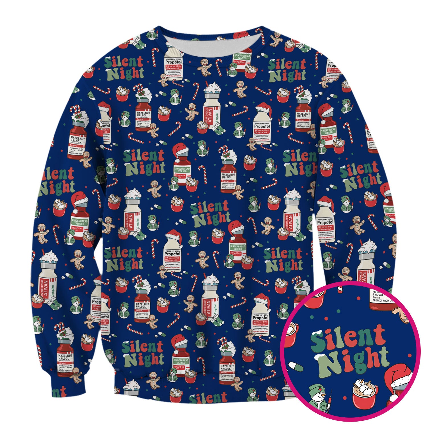 Funny Medicine Scrub Top for Nurses - Silent Night Propofol Print Christmas Scrub Tops with Candy Cane & Gingerbread - Holiday Medical Shirt Gift for RN CNA LPN