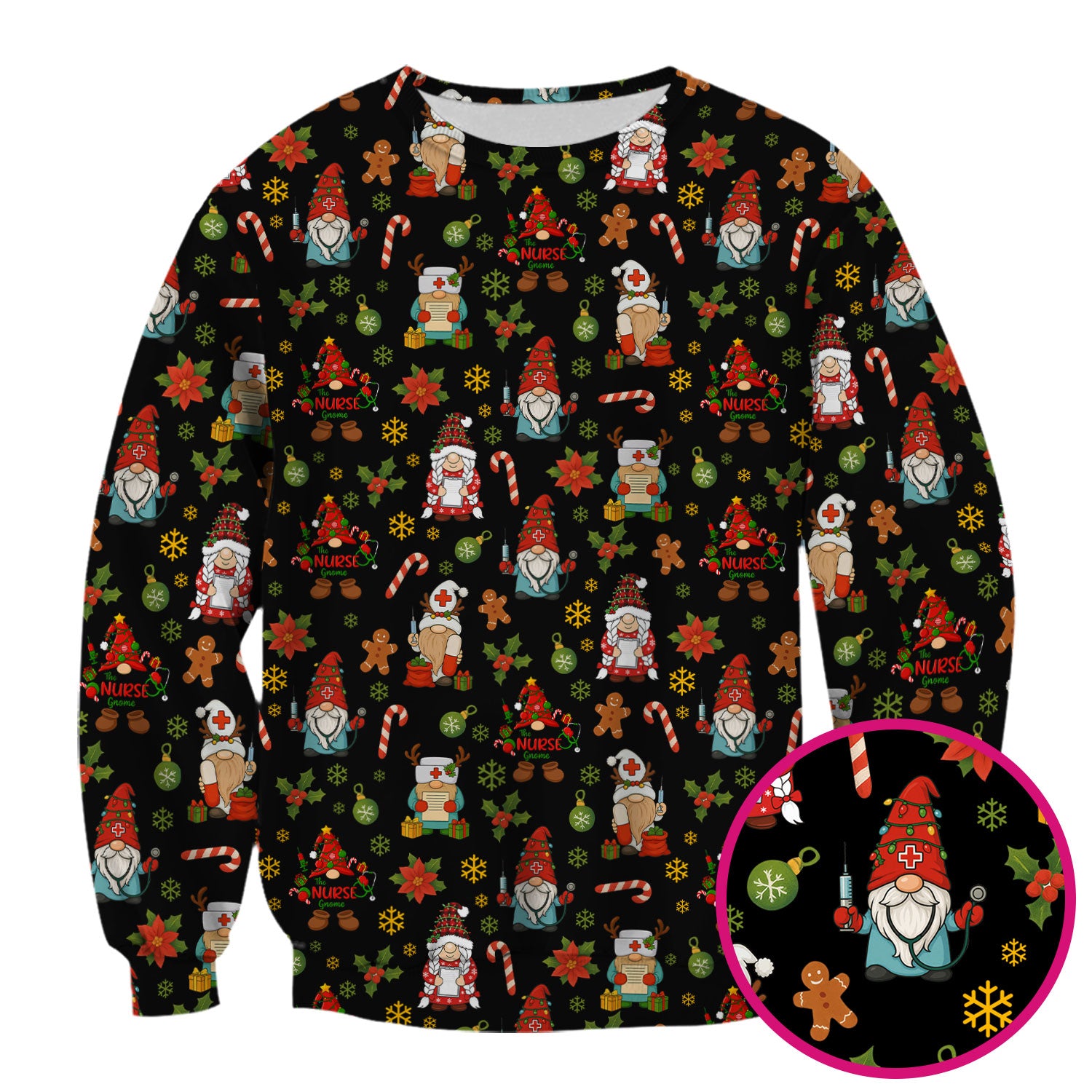 Christmas Gnome Nurse Scrub Top - Cute Holiday Santa Reindeer Print Scrubs - Funny Xmas Medical Scrub Shirt Gift for Women, CNA, RN, Doctor