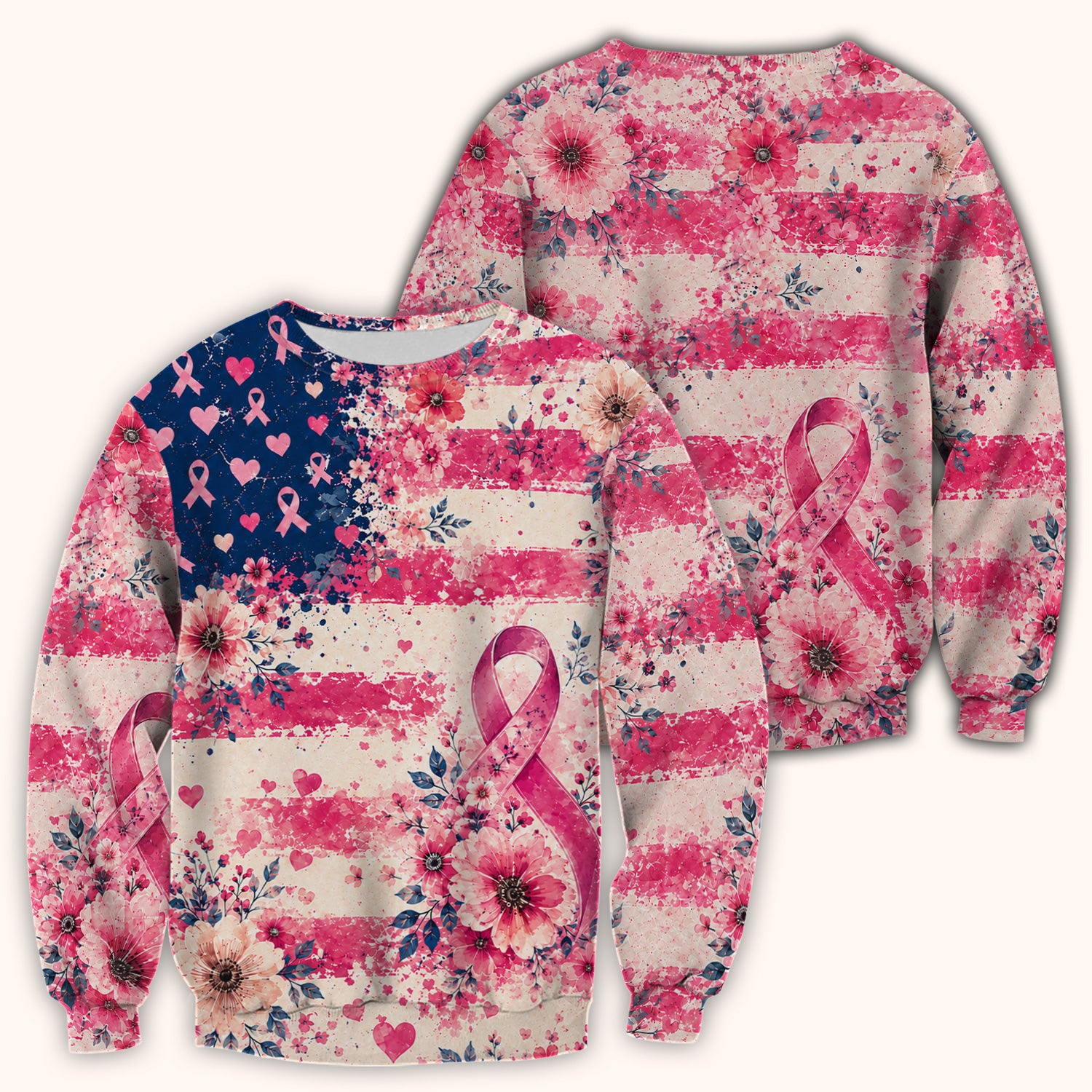 Breast Cancer Floral Flag Nurse Scrub Top for Oncology RN, Pink Ribbon Awareness Uniform