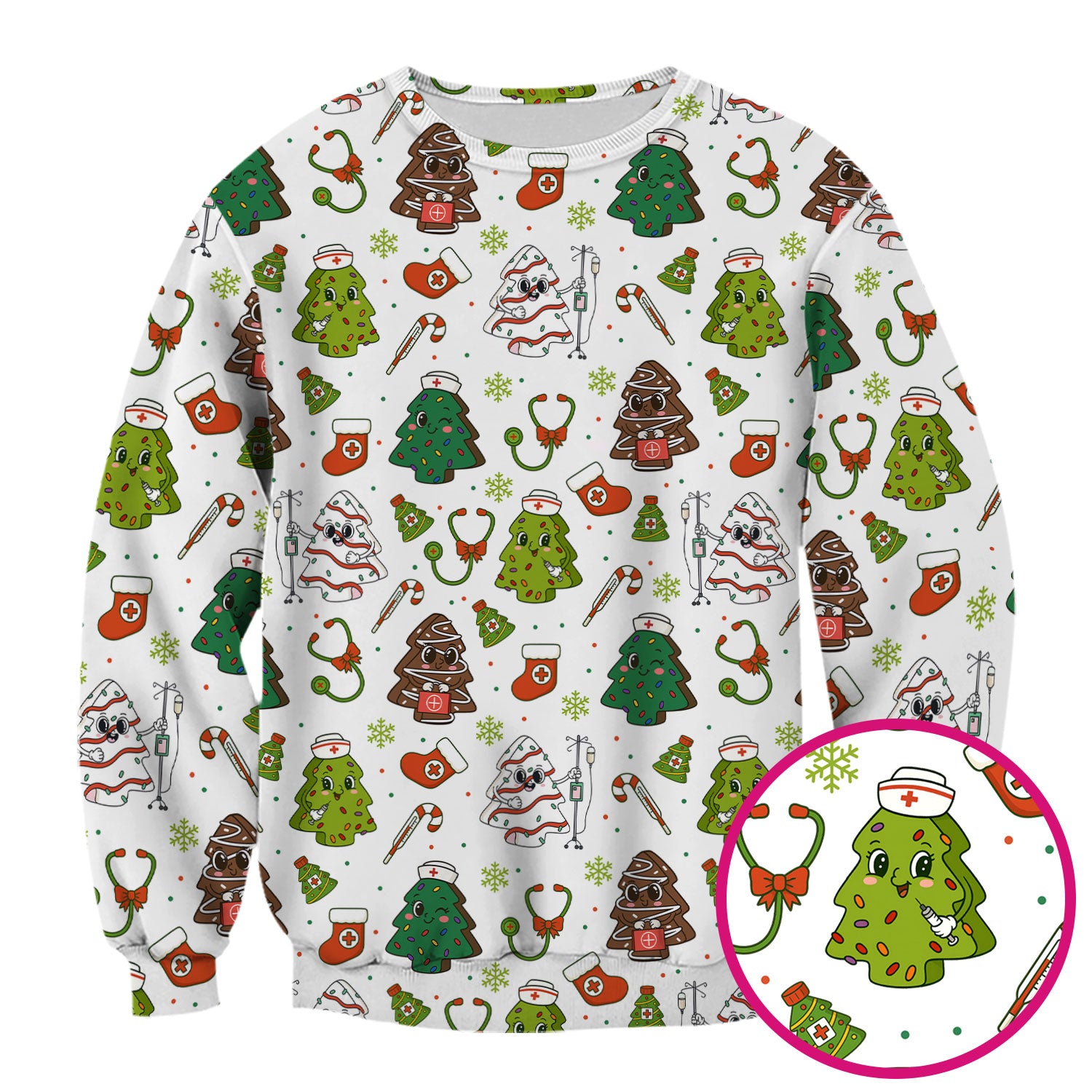 Funny Christmas Nurse Scrub Top - Adorable Tree Pattern Holiday Shirt - Cute Gift for Women RN LPN CNA