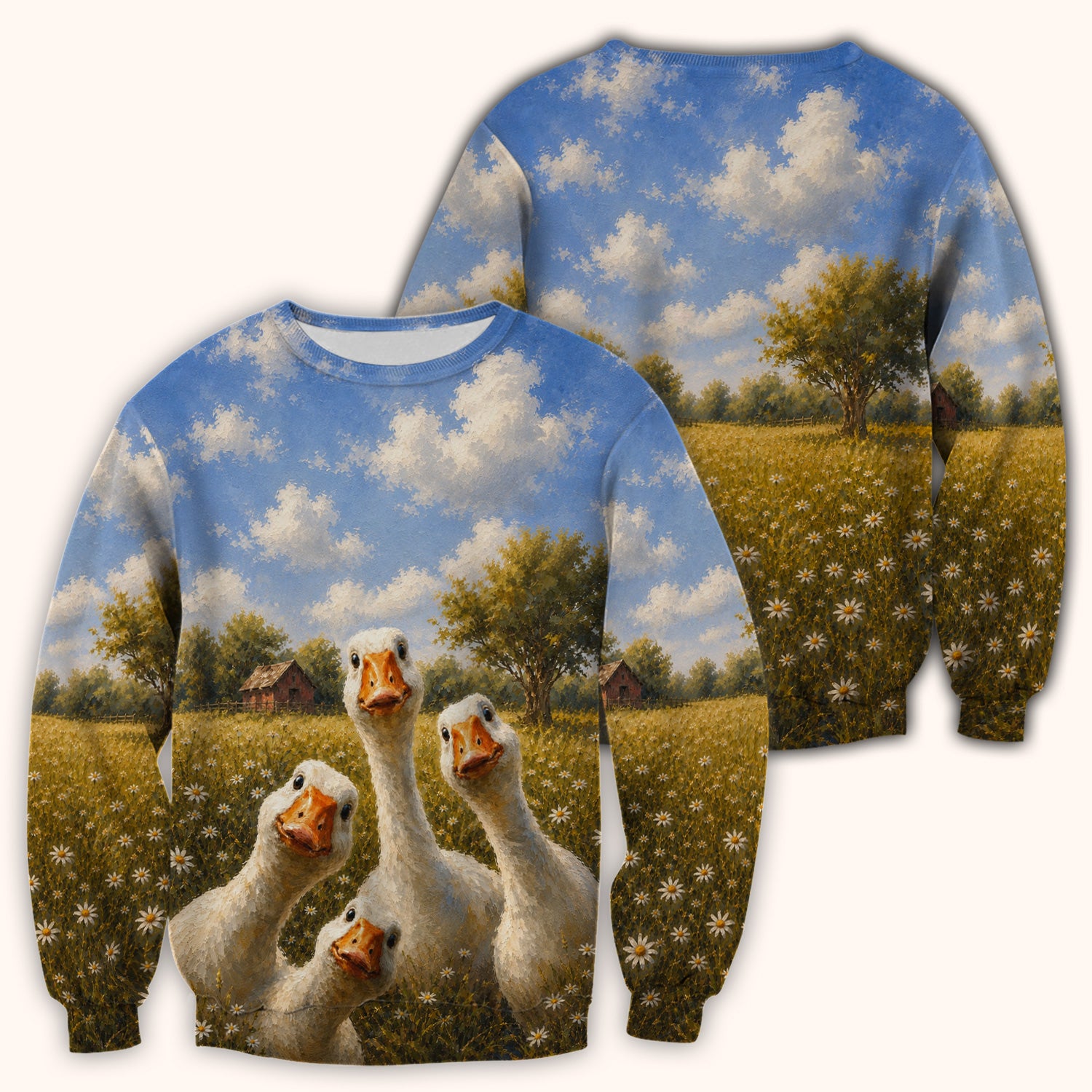 Cute Farmhouse Goose Meadow Pattern Scrub Top, Comfortable Scrubs for Nurses