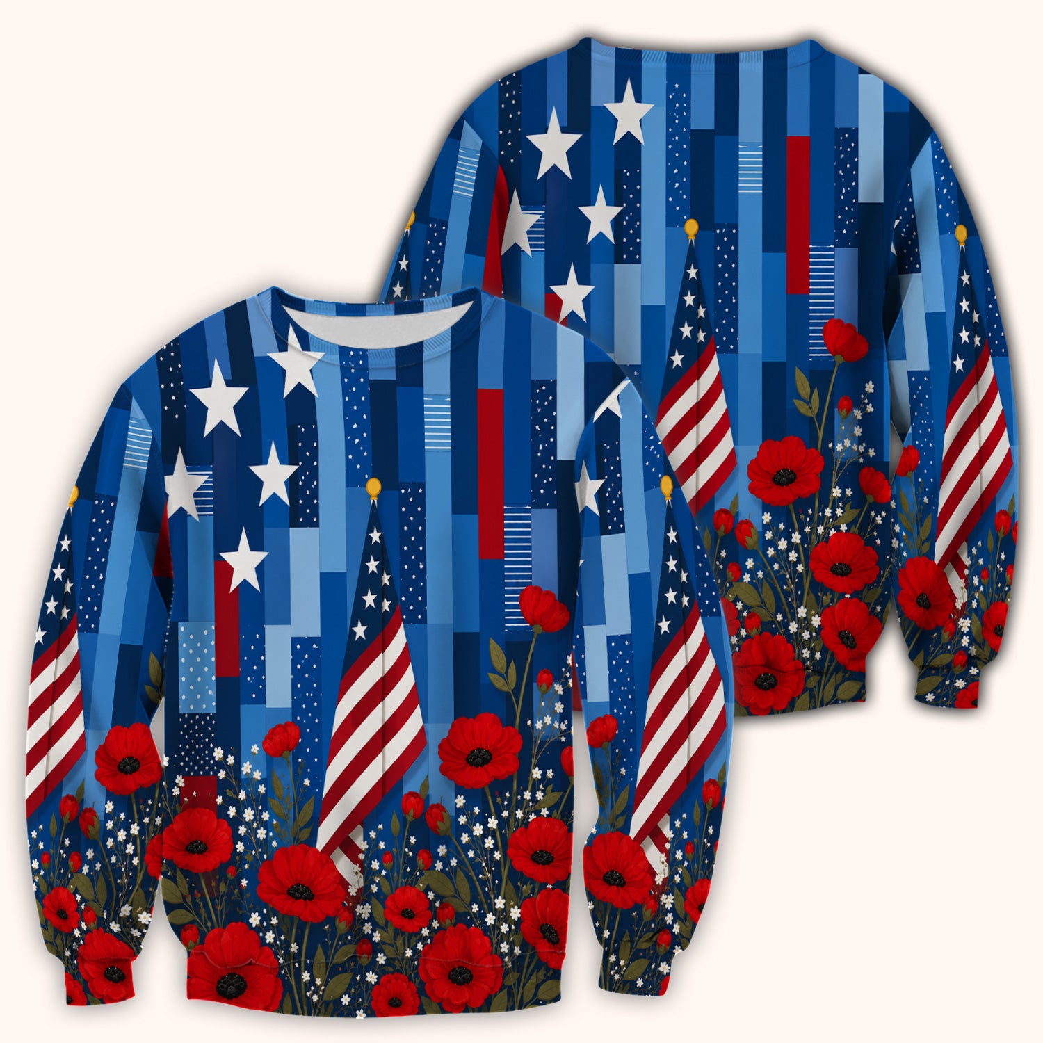Patriotic Nurse Flag Poppy Pattern Scrub Top, Breathable Fabrics Nursing Uniform