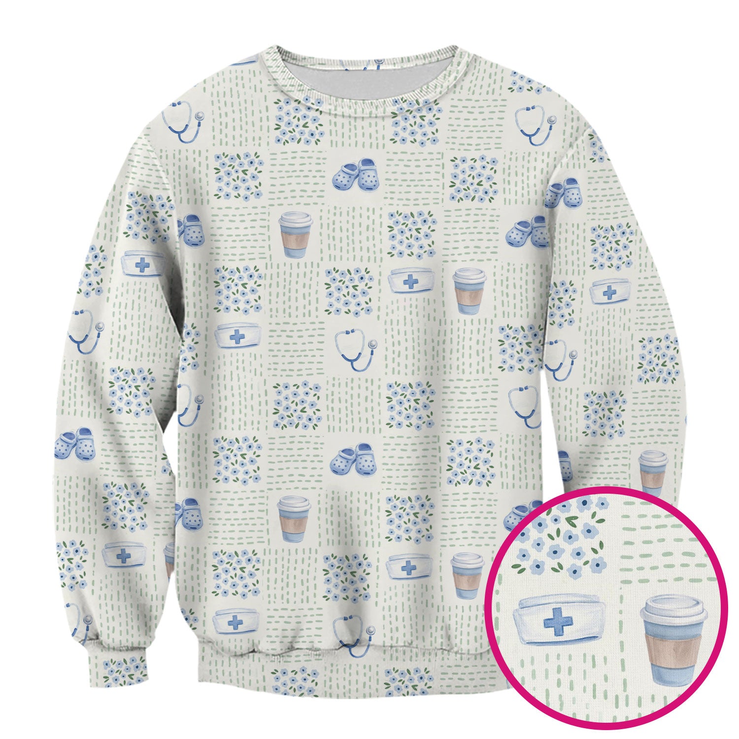 Cute Medical Essentials Pattern Scrub Top, Comfortable Scrubs for Nurses