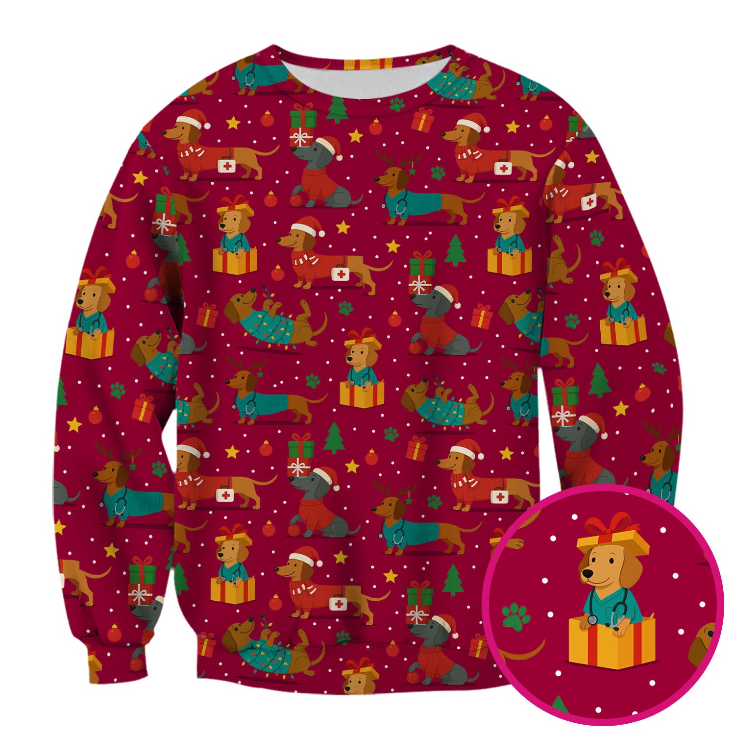 Dachshund Scrub Top Christmas - Cute Dog Nurse Shirt - Holiday Medical Scrubs Gift for Women CNA RN Doctor