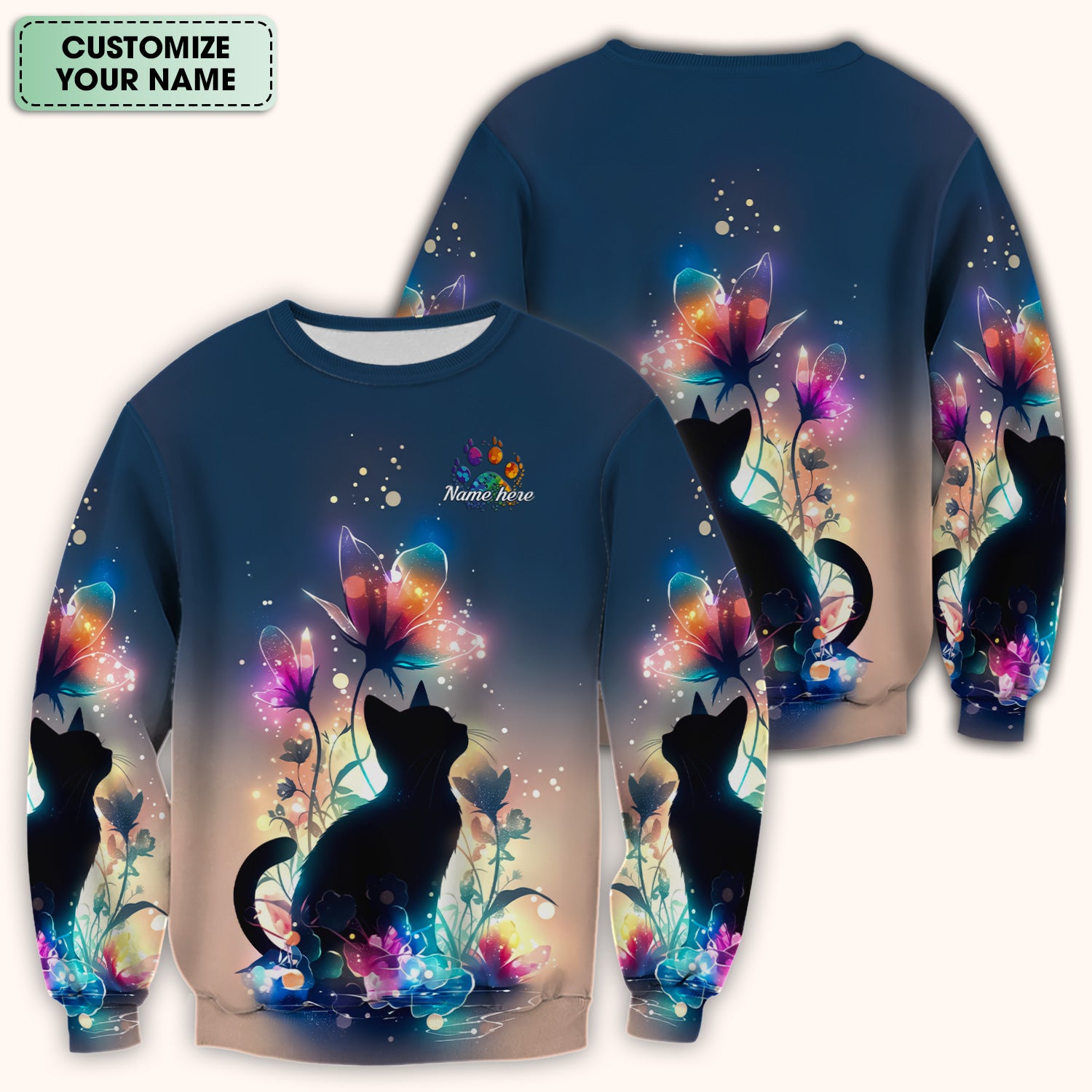Custom Name Cat Floral Glow Pattern Scrub Top, Breathable Fabrics Nursing Uniform