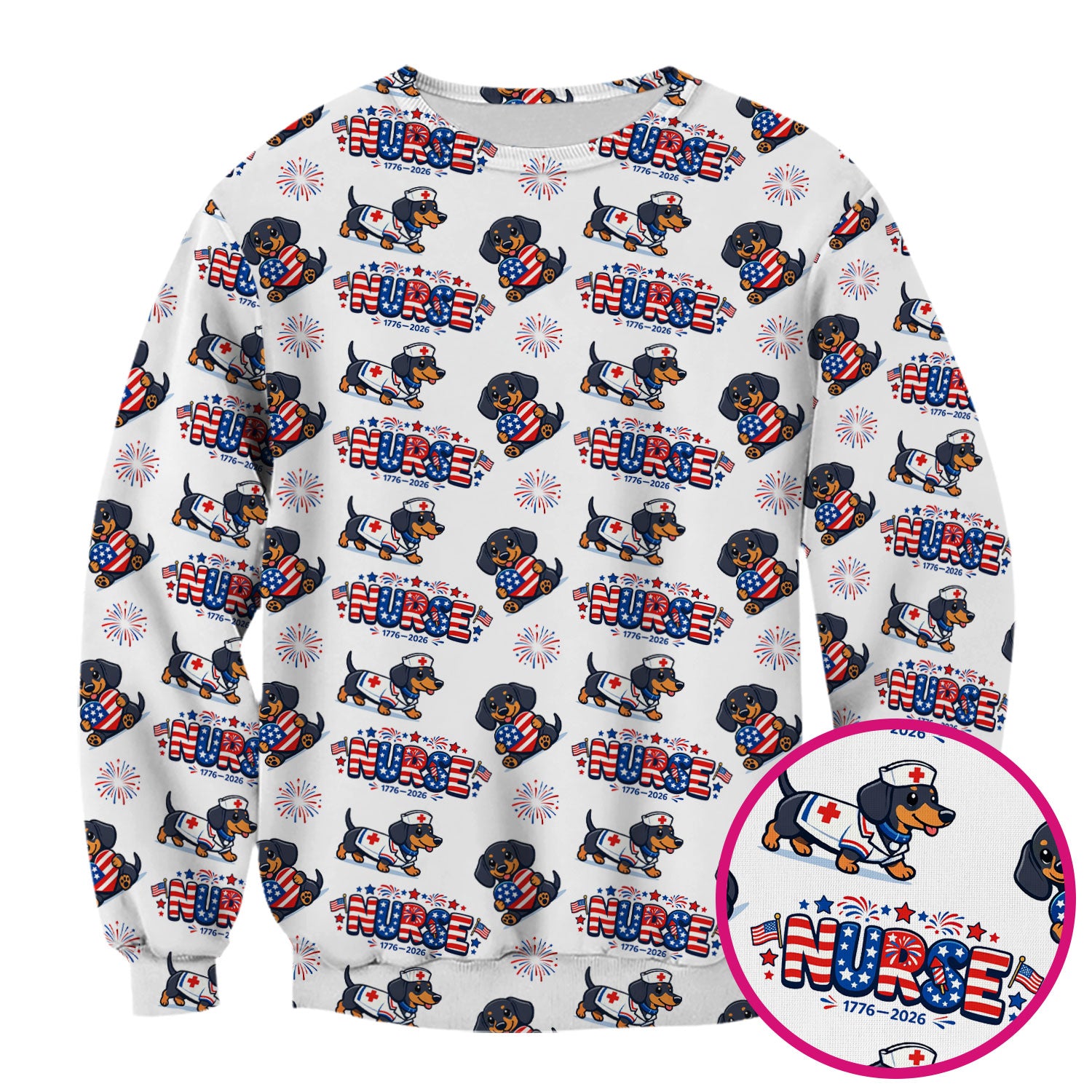 Proud Nurse Patriotic Dachshund Medical Firework Pattern Scrub Top, Comfortable Scrubs for Nurses