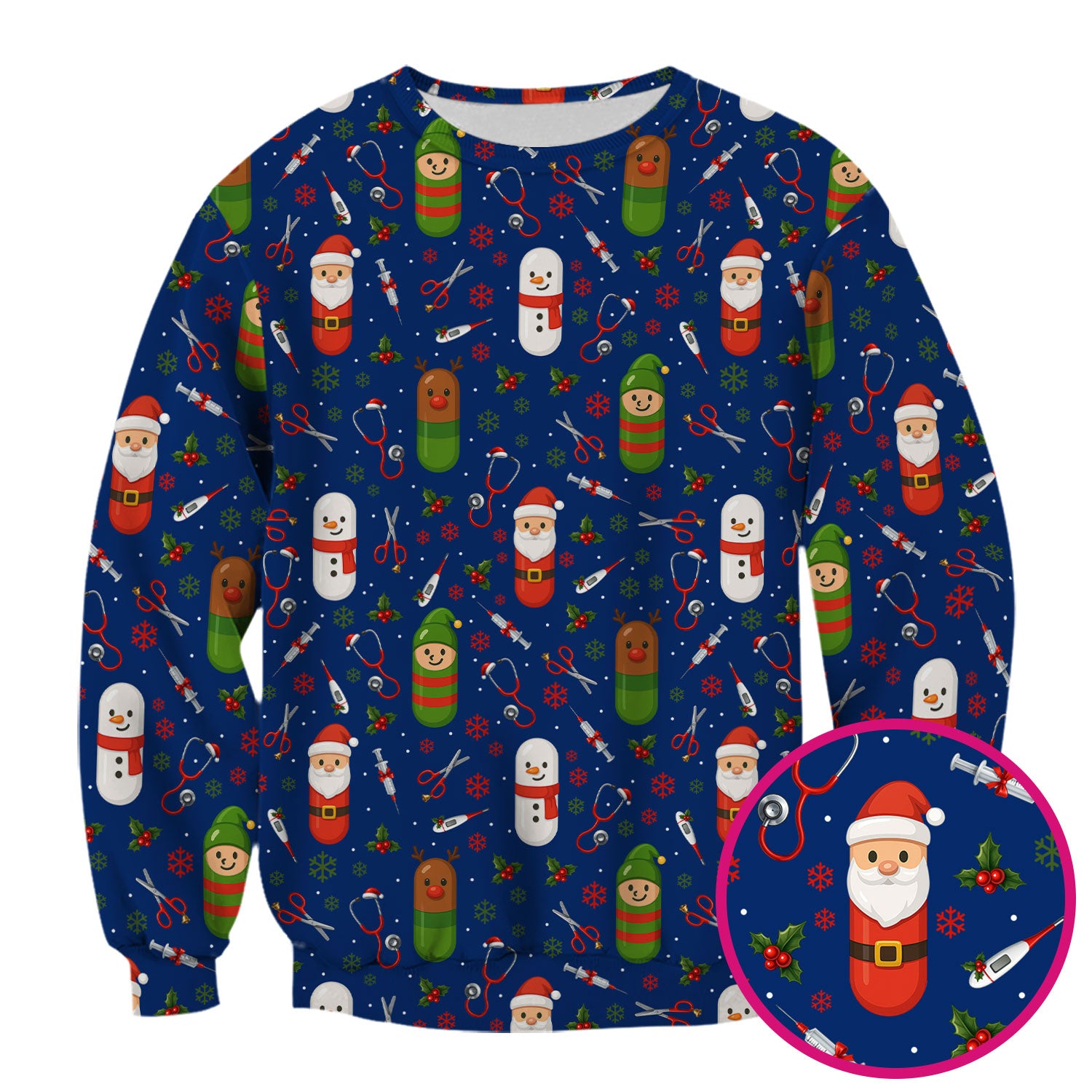 Santa Christmas Scrubs Set - Fun Holiday Pattern with Reindeer and Snowman - Cute Medical Scrub Top and Pants for Nurses
