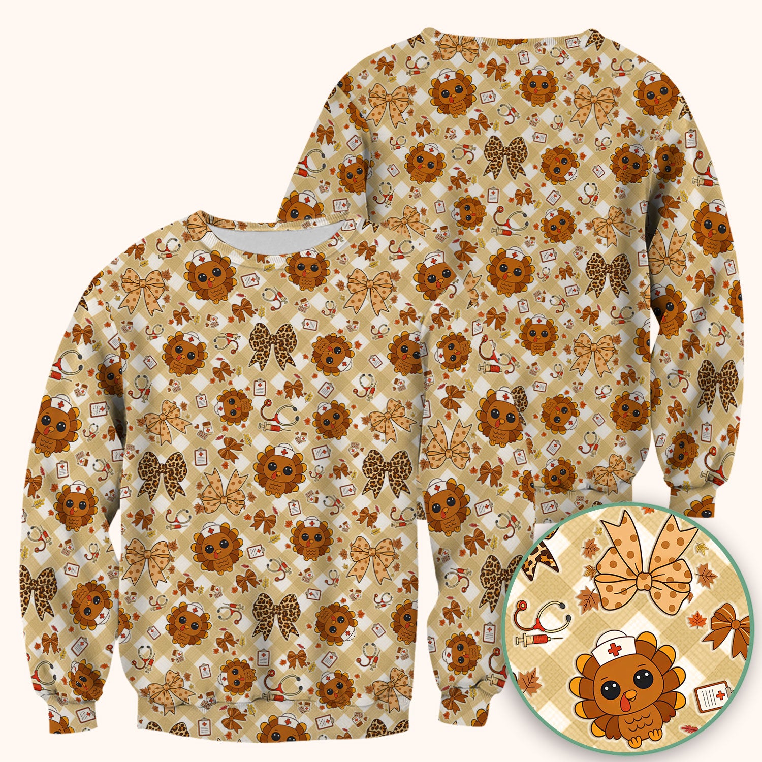 Thanksgiving Turkey Scrub Top for Nurses - Cute Fall Leaves and Bow Shirt - Funny Autumn Nursing Gift for Women RN LPN CNA