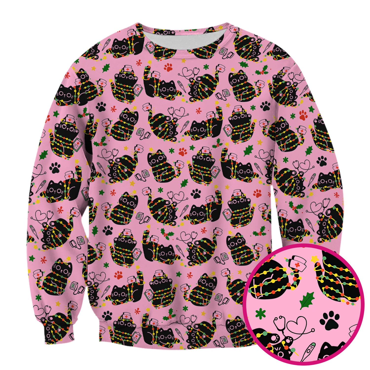 Black Cat Christmas Scrub Top – Nurse & Holiday Lights Pattern Shirt – Cute Medical Uniform For Nursing
