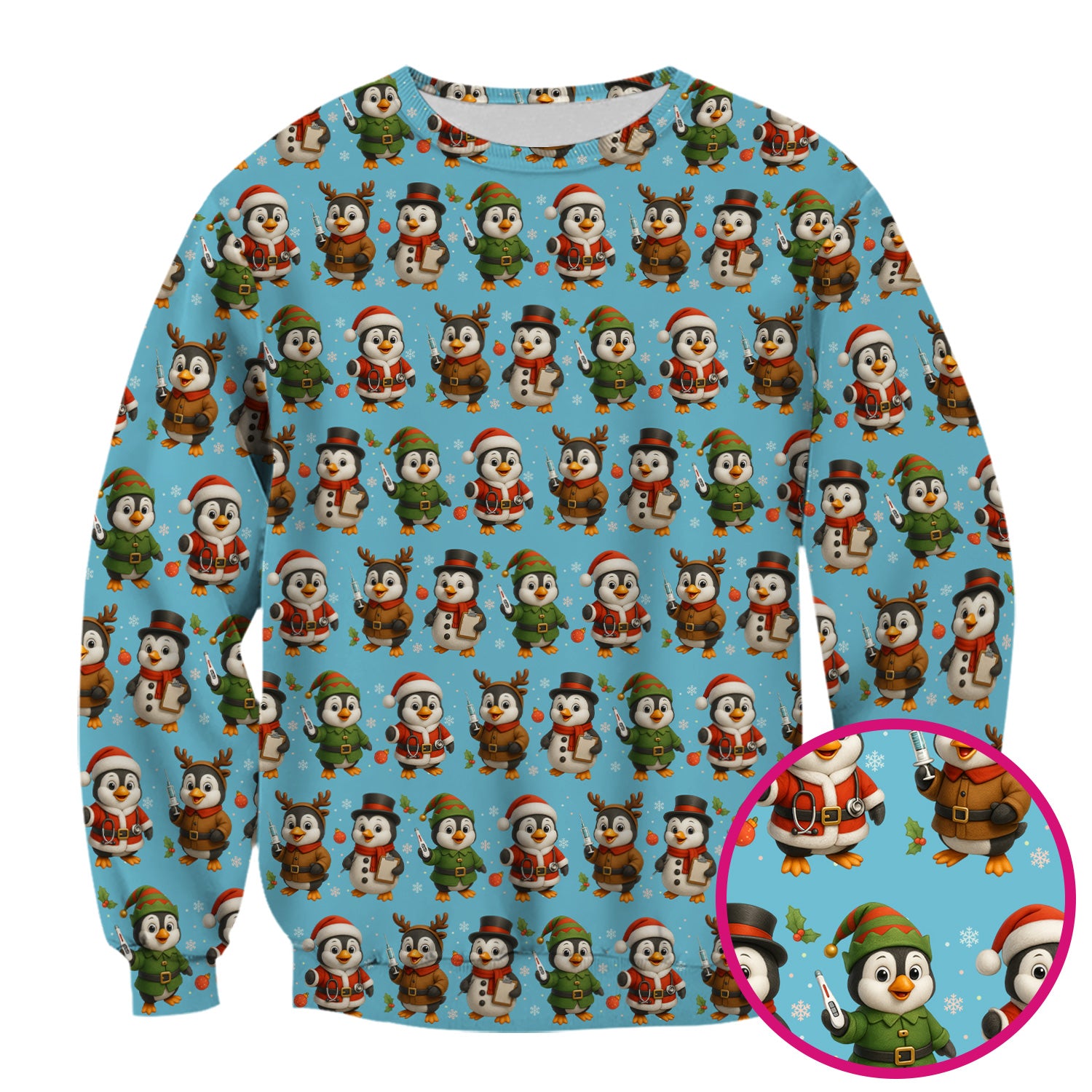 Christmas Scrubs for Women - Cute Penguin Pattern Scrub Top for Nurses - Holiday Penguin Christmas Scrubs Gift Idea