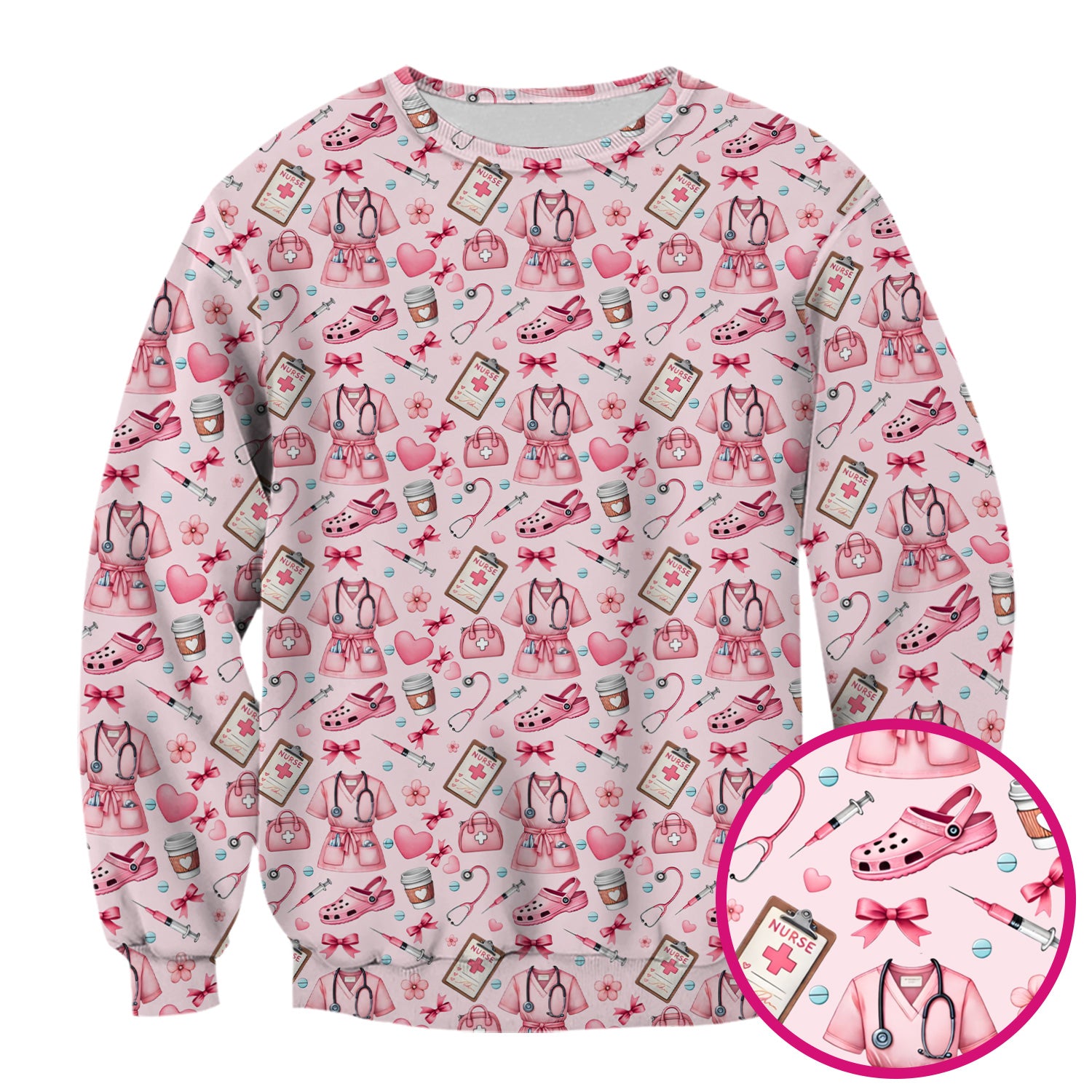 Valentine Pink Nurse Icons Print Scrub Top, Comfortable Scrubs for Nurses