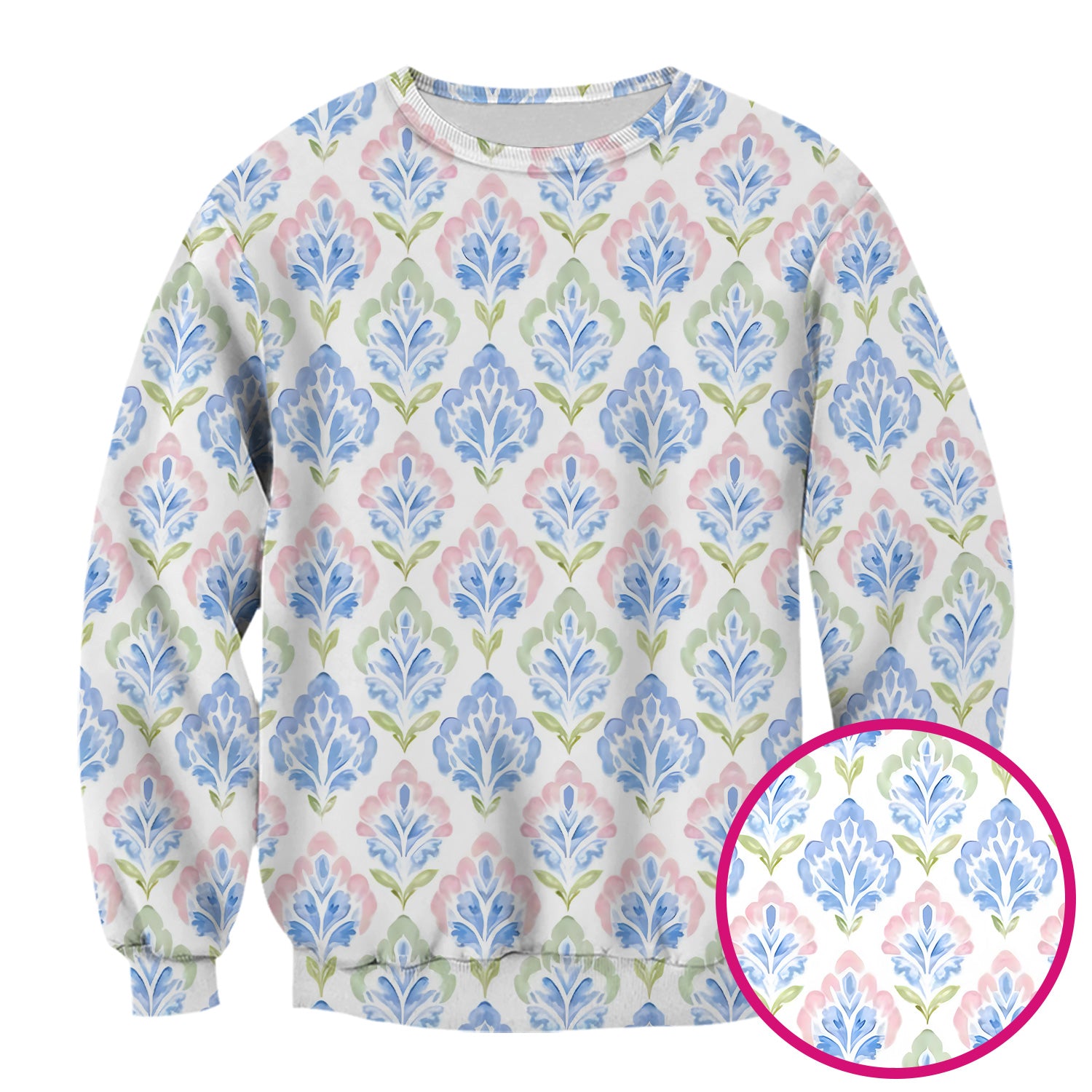 Blue Floral Damask Pattern Scrub Top, Breathable Fabrics Nursing Uniform