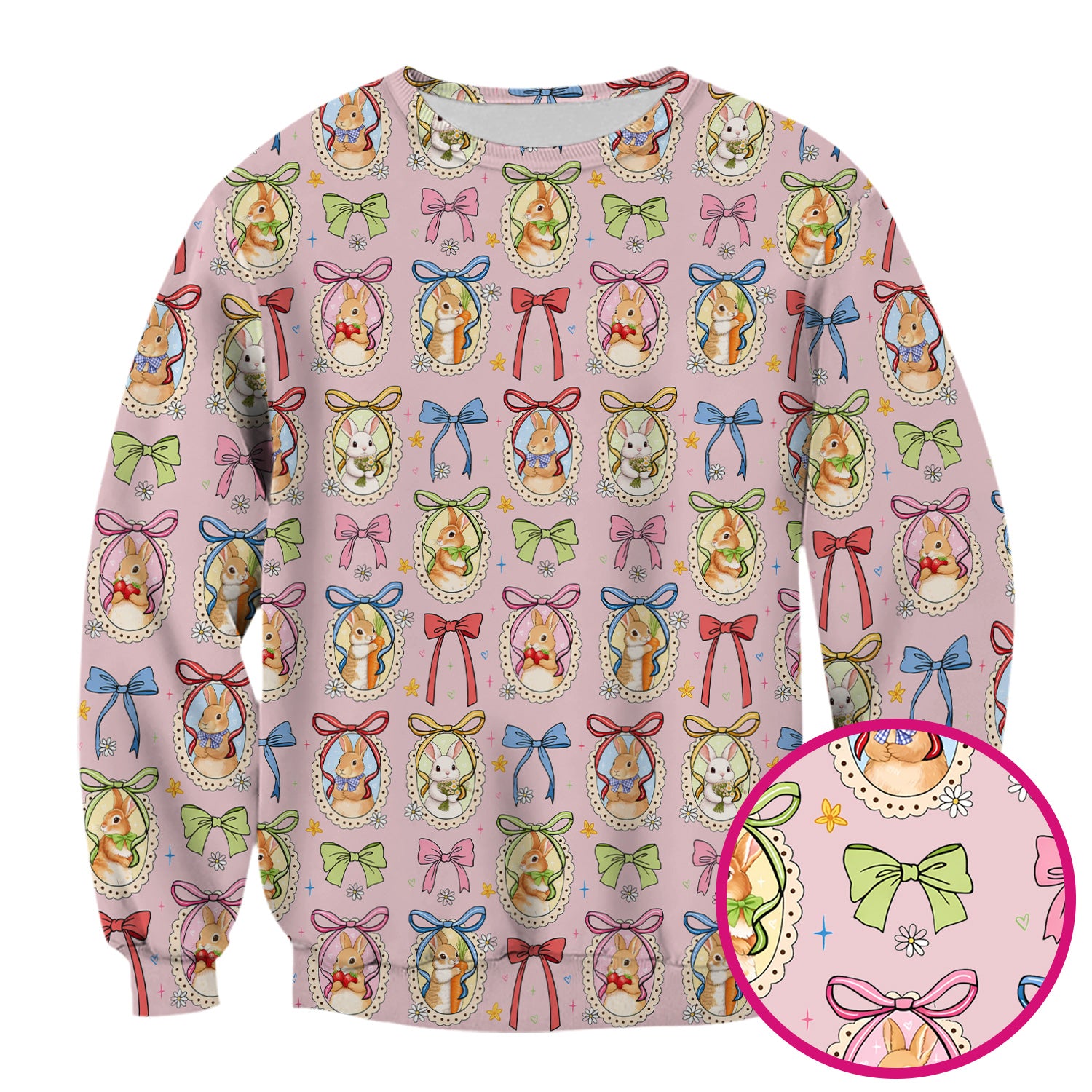 Cute Easter Bunny Cameo Colorful Bow Pattern Scrub Top, Breathable Fabrics Nursing Uniform