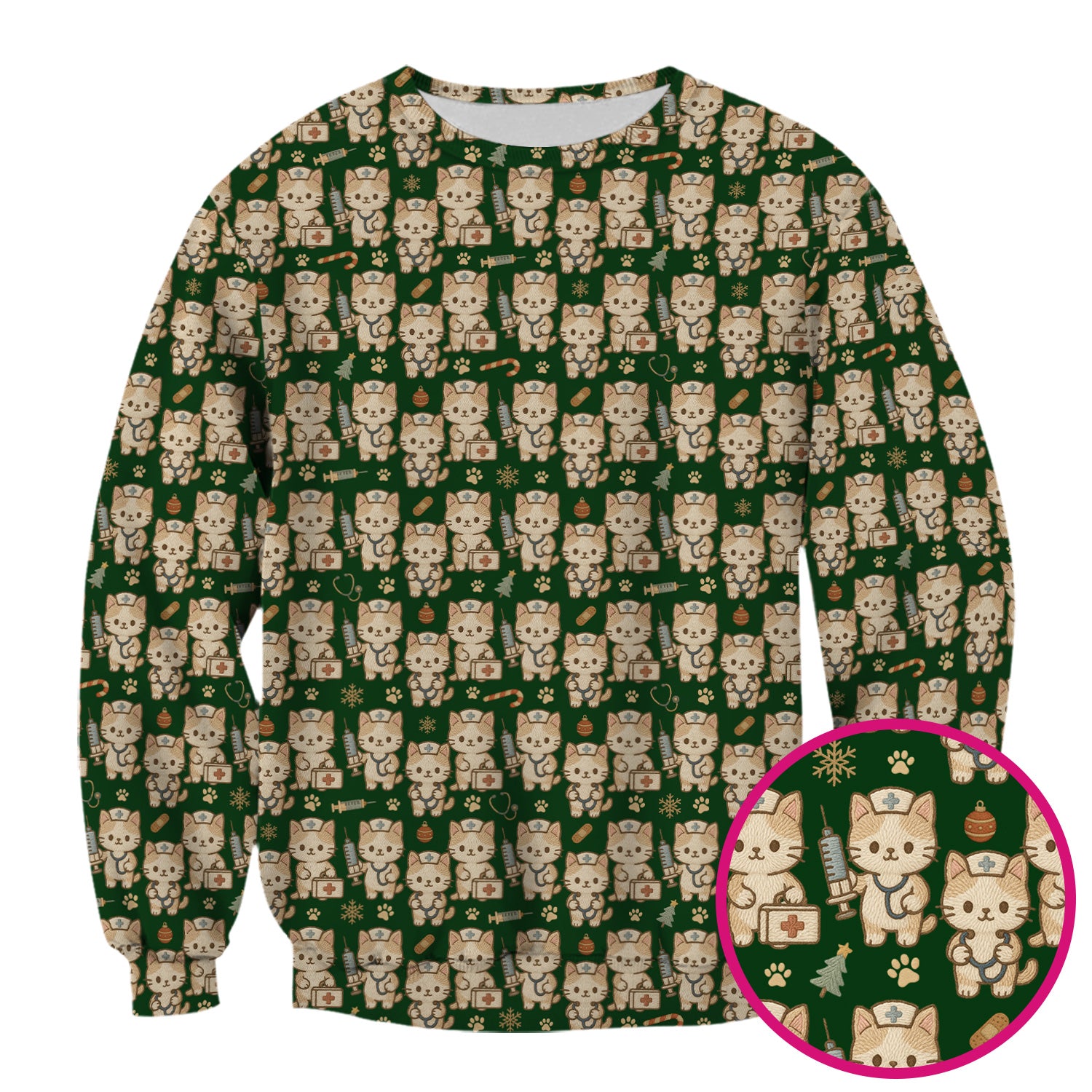 Cute Cat Nurse Christmas Scrub Top, Kawaii Kitty Medical Pattern Shirt, Breathable Fabrics Nursing Uniform
