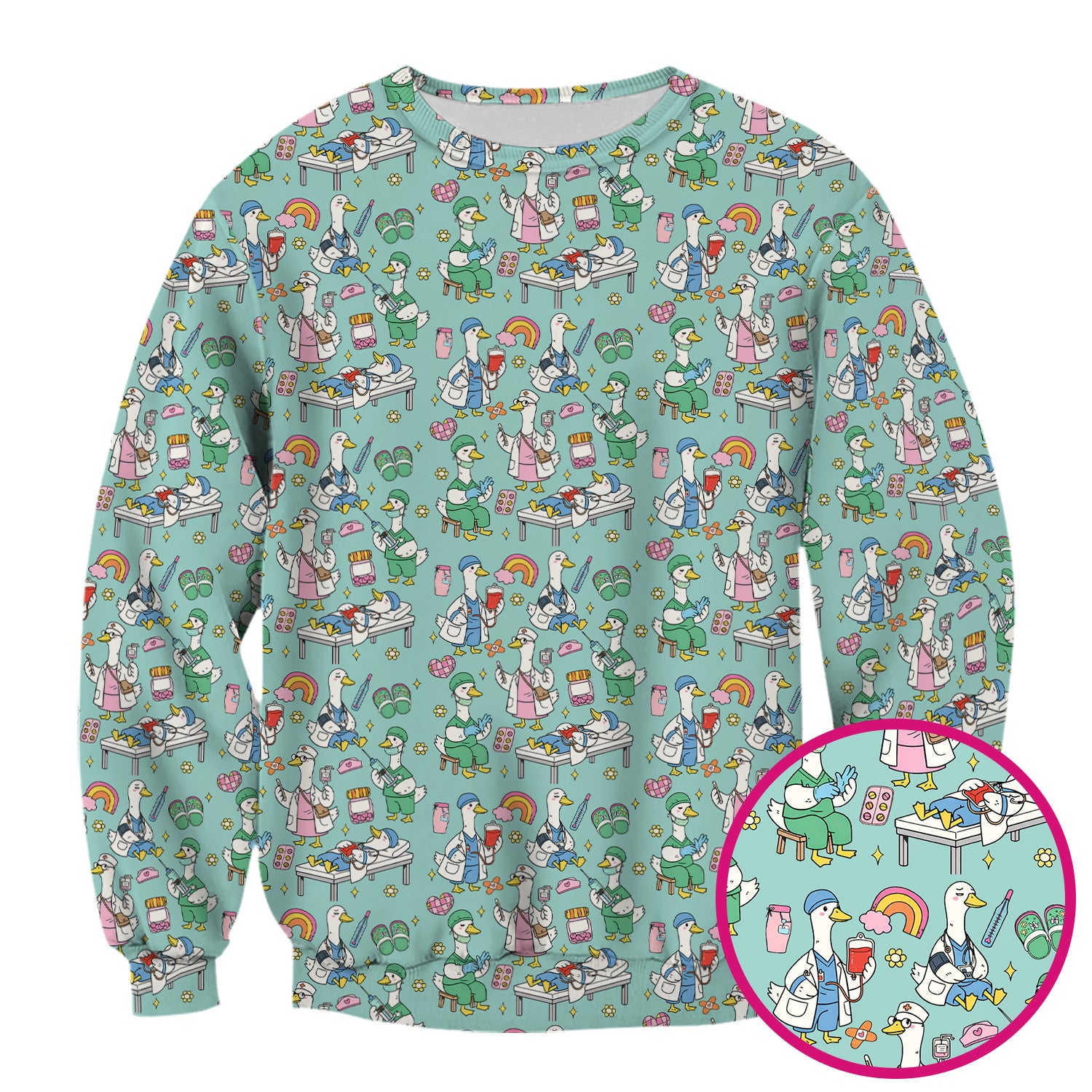 Funny Nurse Duck Medical Doodle Pattern Scrub Top, Comfortable Nurse Workwear Top