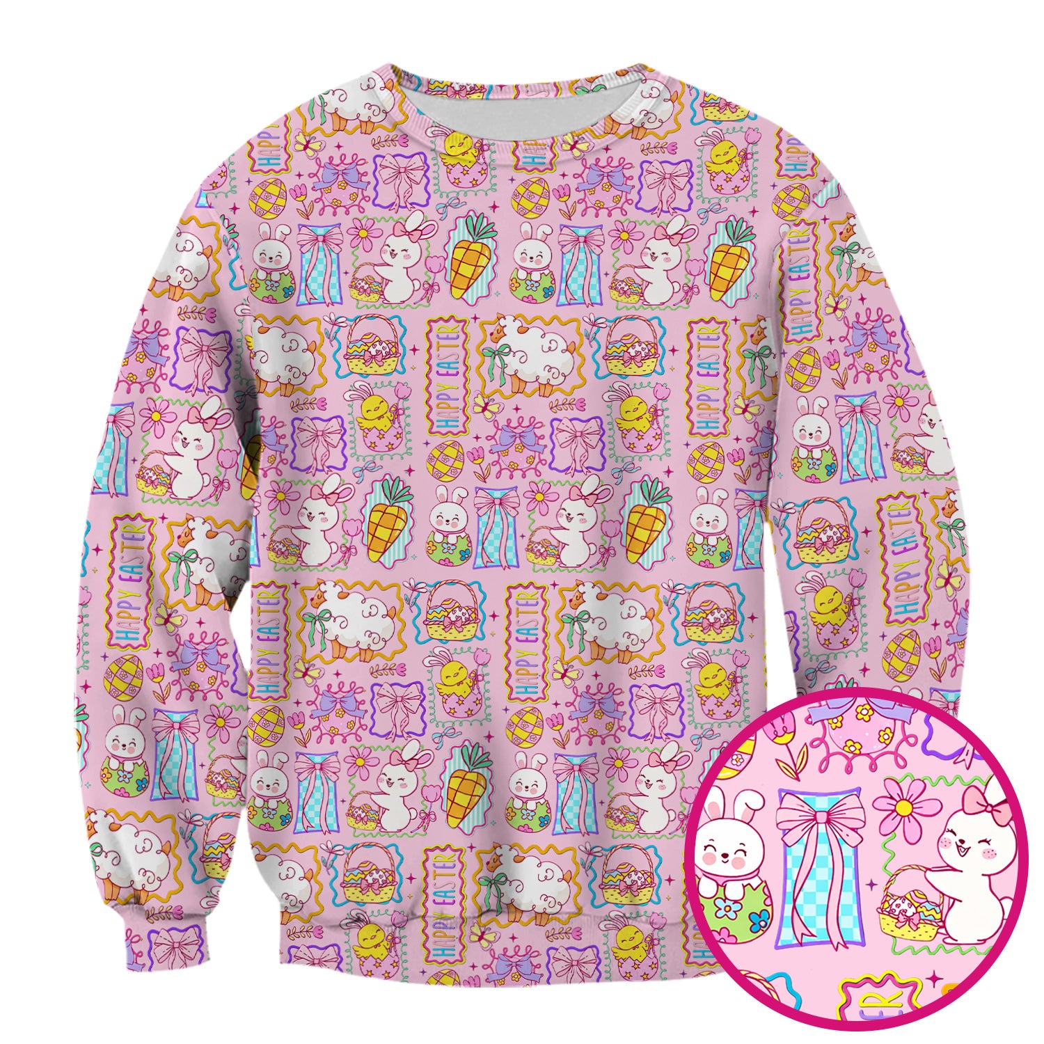Cute Easter Bunny Egg and Bow Print Scrub Top, Breathable Fabrics Nursing Uniform