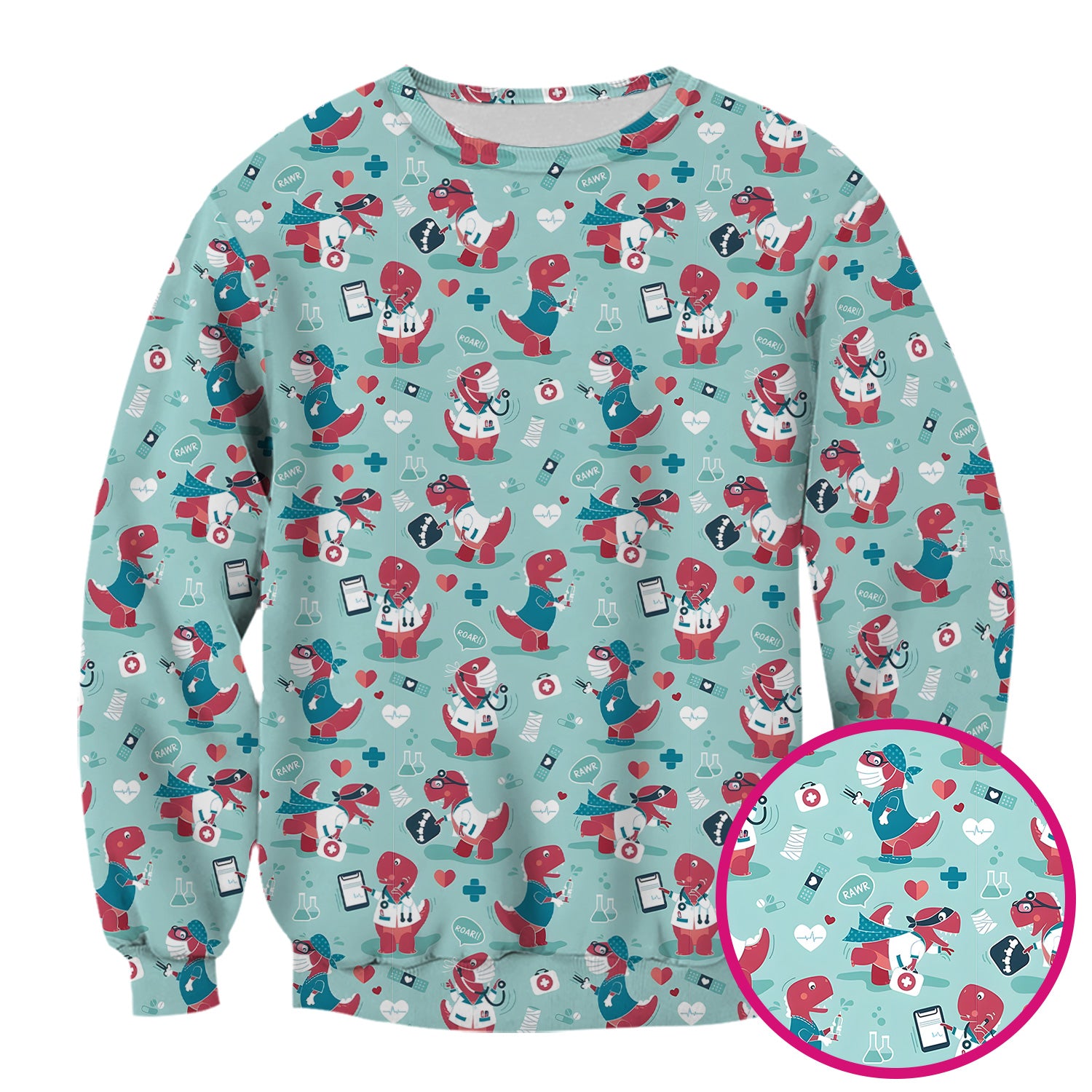 Cute Dinosaur Doctor Medical Pattern Scrub Top, Breathable Fabrics Nursing Uniform