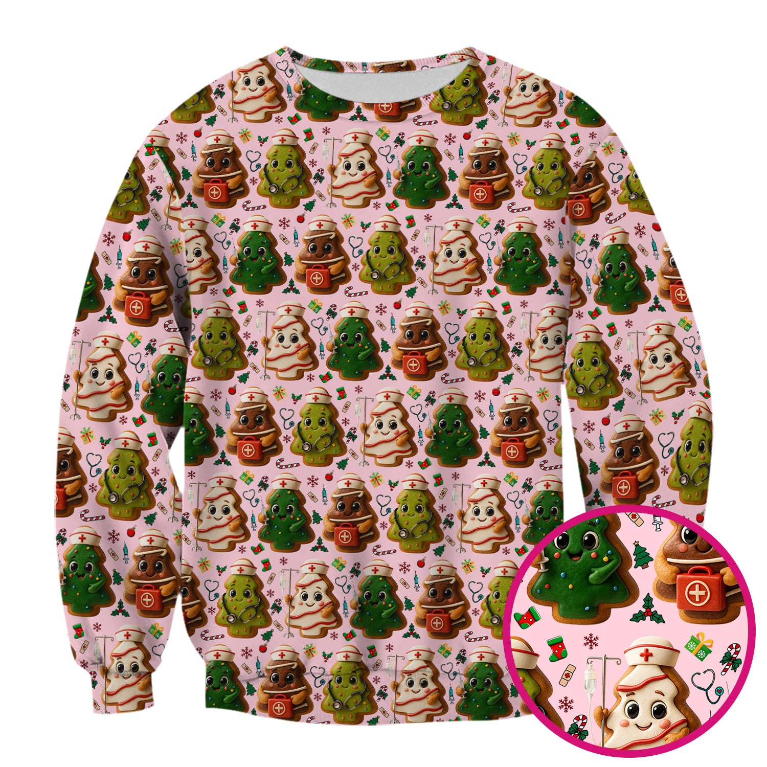 Christmas Cookie Scrub Top – Festive Nurse & Holiday Tree Pattern – Cute Medical Uniform for Nurses, Vets and Healthcare Workers
