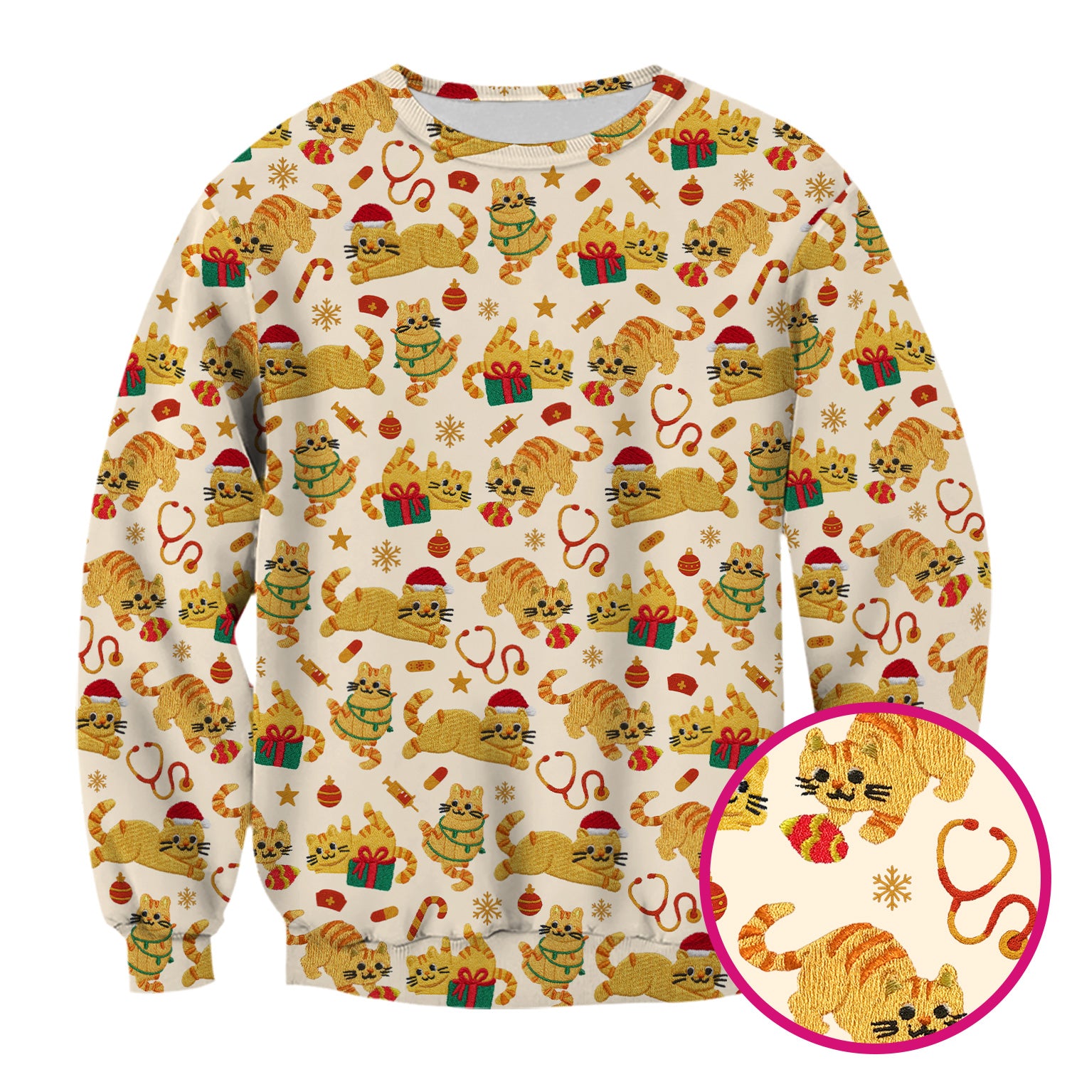 Christmas Cat Nurse Scrub Top, Cute Holiday Kitty Medical Uniform Shirt For Nursing