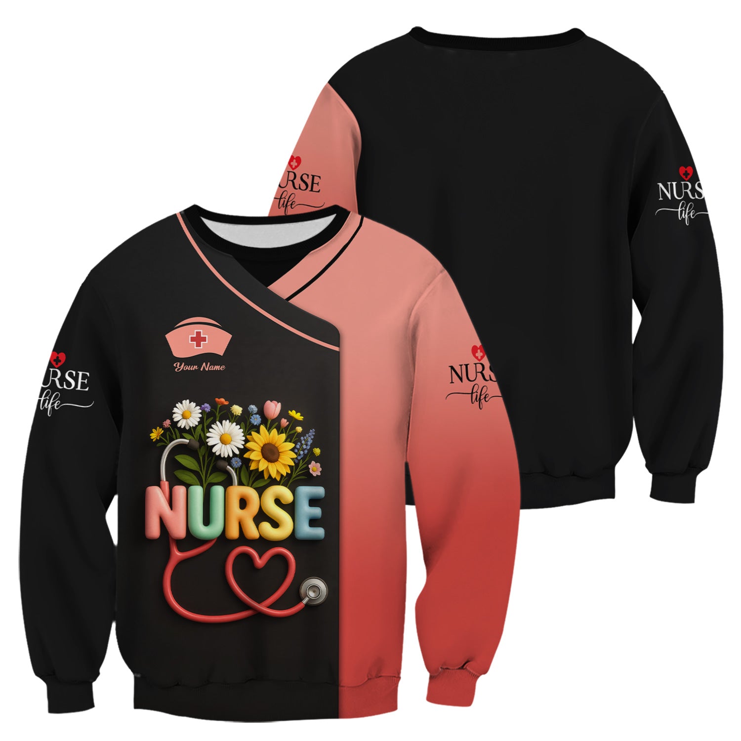 Colorful Floral Nurse Shirt - Personalized Scrub-Style Tee with Heart Stethoscope & Daisies - Gift for RN CNA LPN