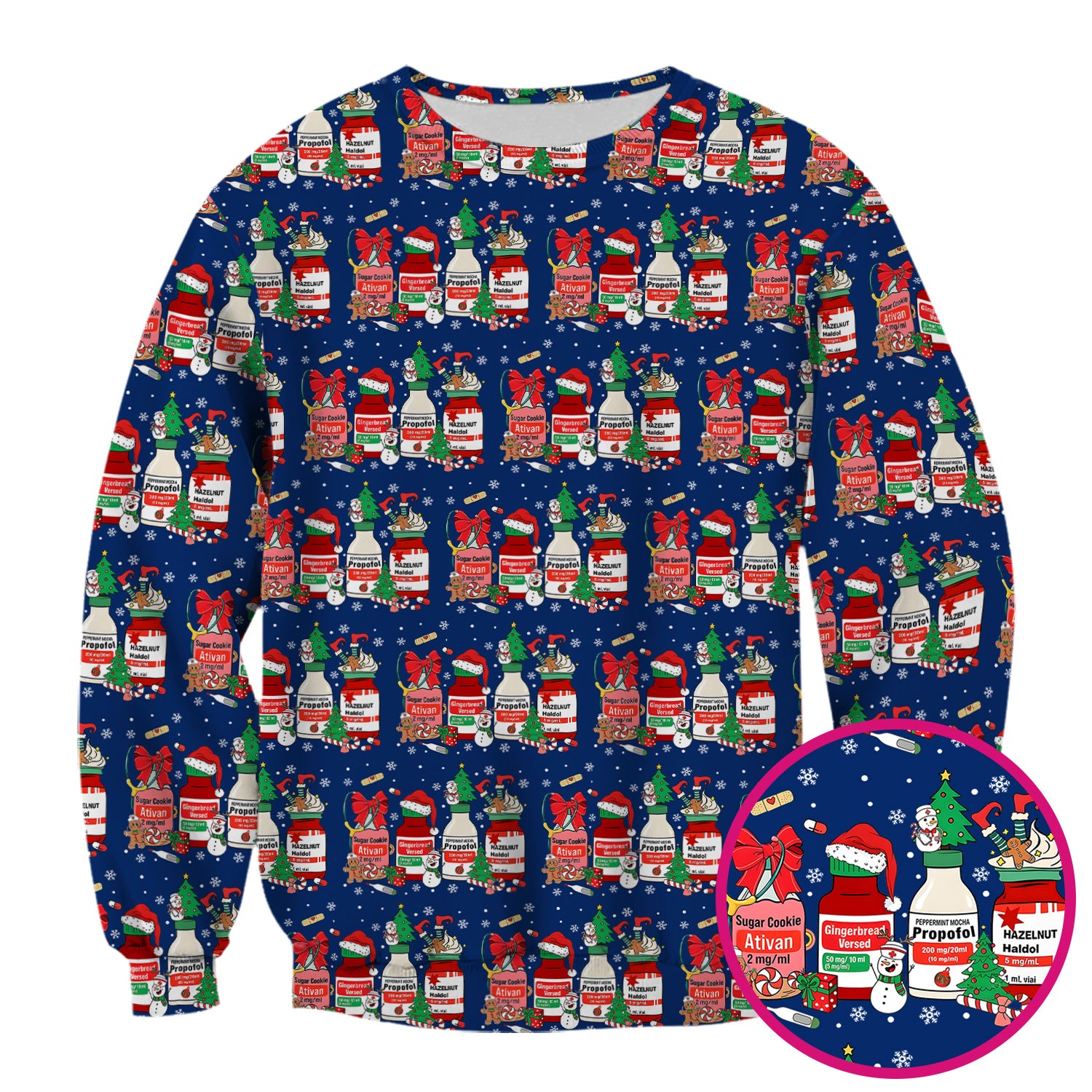 Funny Christmas Medication Scrub Top – Festive Holiday Pharma Bottles Pattern – Playful Medical Uniform for Nurses, Pharmacists & Healthcare Workers