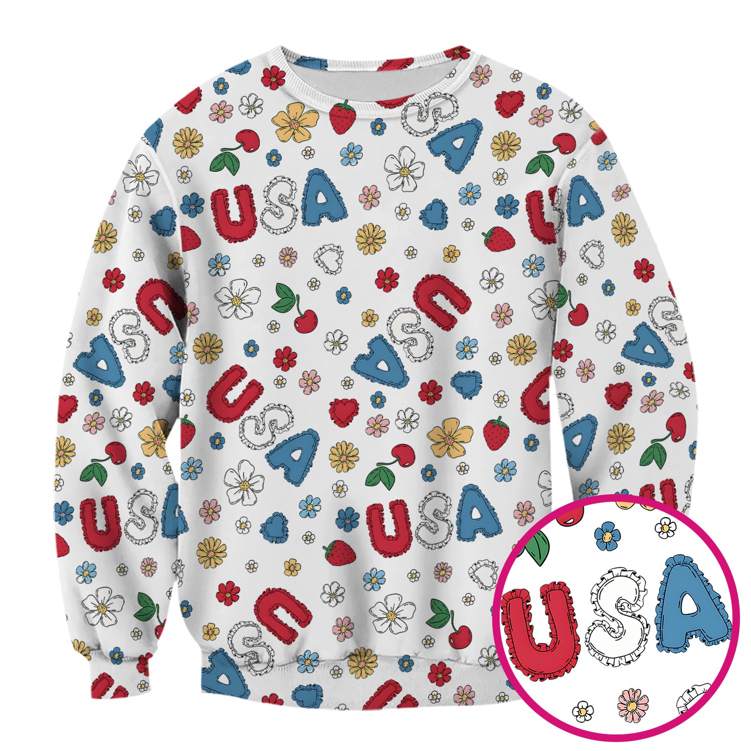 USA Cherry Strawberry Floral Patch Pattern Scrub Top, Comfortable Scrubs for Nurses