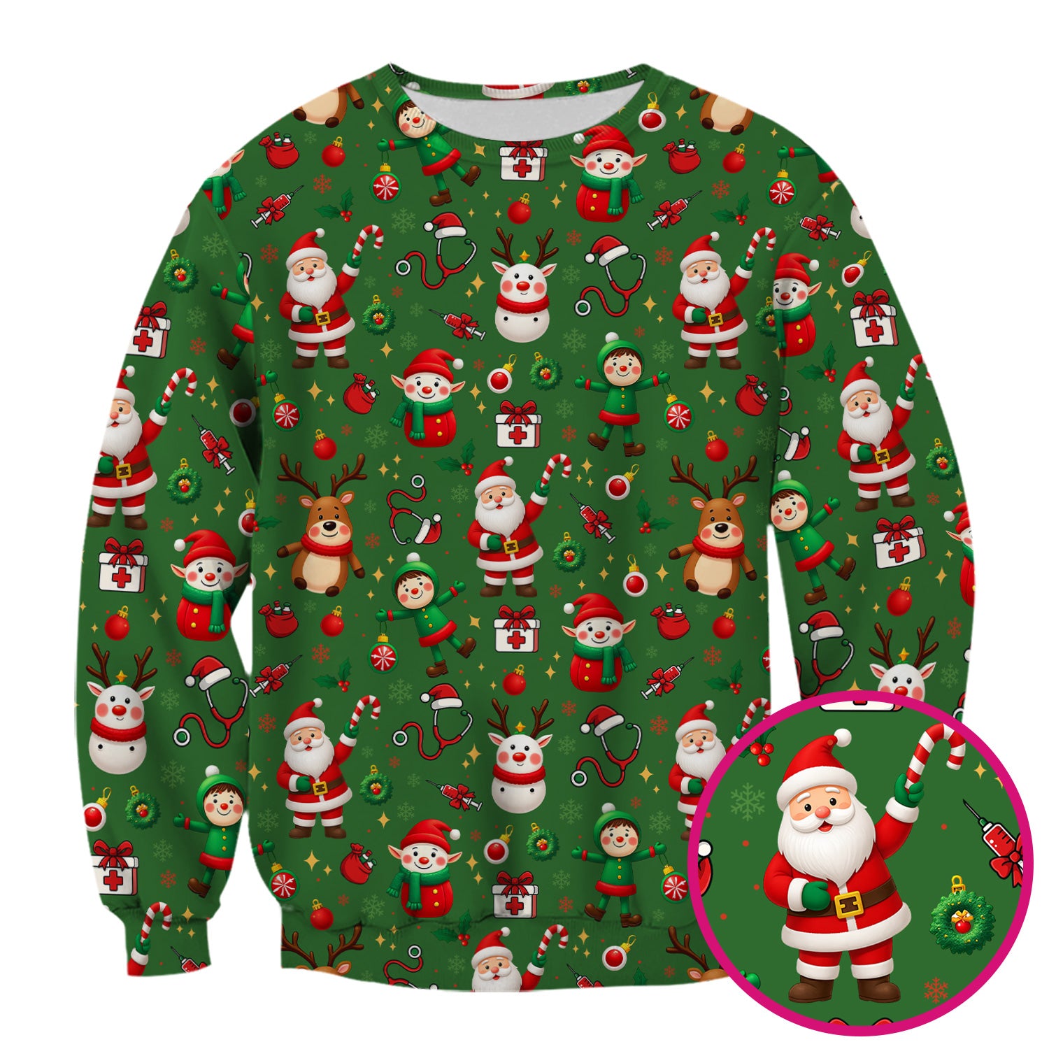 Santa Christmas Scrub Top - Cute Holiday Nurse Medical Shirt - Festive Reindeer Med Uniform for Women RN CNA LPN