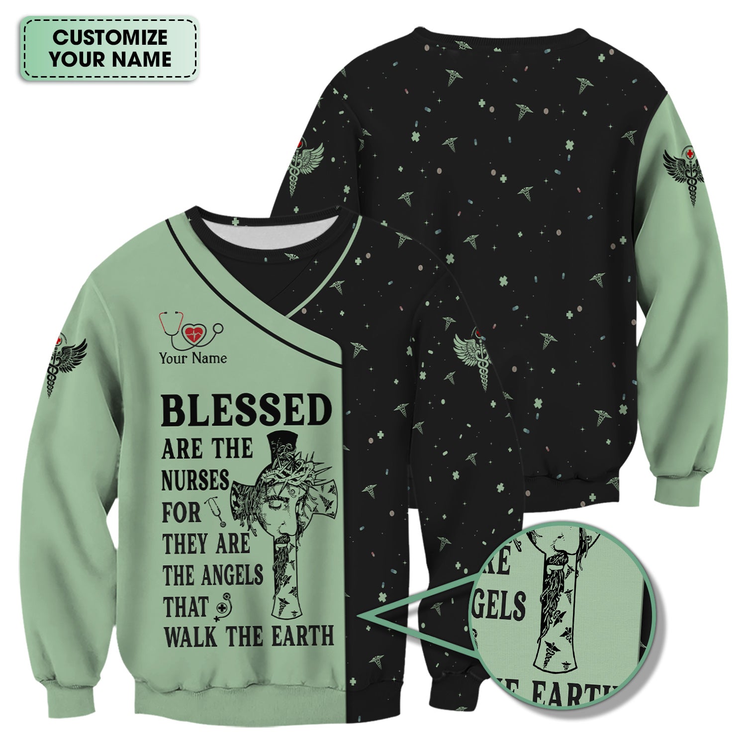 Personalized Christian Nurse Scrub Top - Jesus Cross & Angels That Walk The Earth Quote - Gift for Women RN LPN