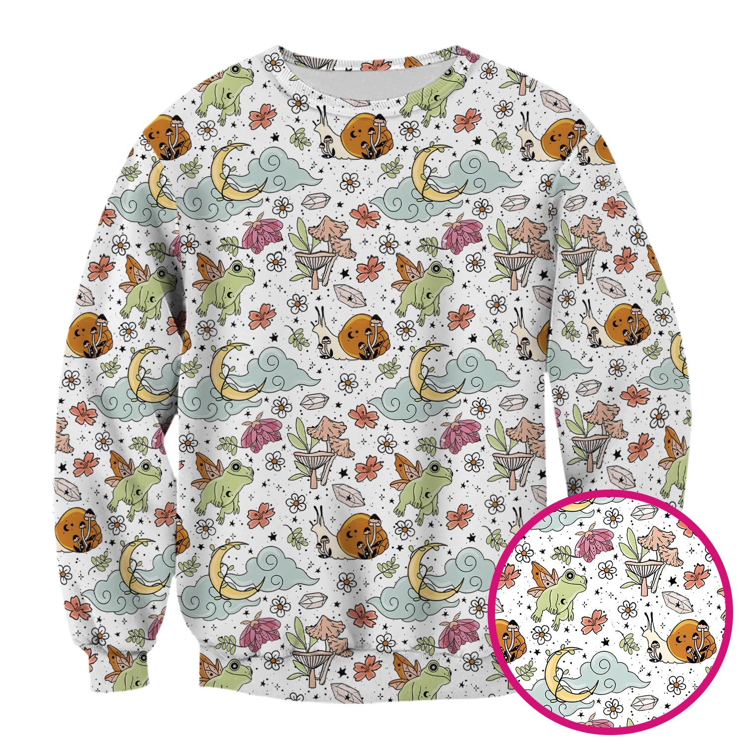 Whimsical Frog Moon Mushroom Pattern Scrub Top, Fantasy Nature Print, Breathable Fabrics Nursing Uniform