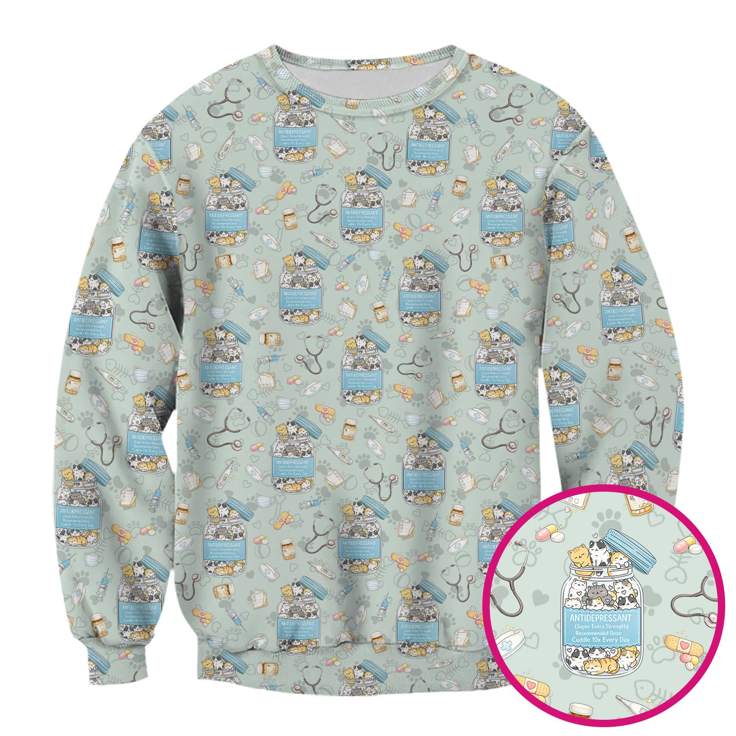 Cute Antidepressant Cat Jar Print Nurse Scrub Top, Breathable Fabrics Nursing Uniform