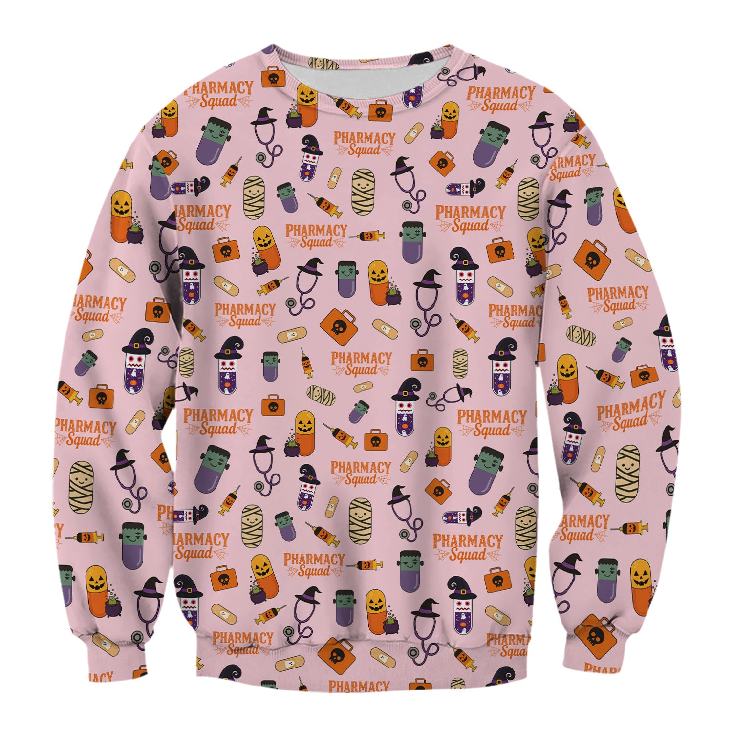 Halloween Pharmacy Squad Scrub Top - Funny Medical Pattern Scrubs for Women - Cute Halloween Pill and Witch Print Shirt for Pharmacists