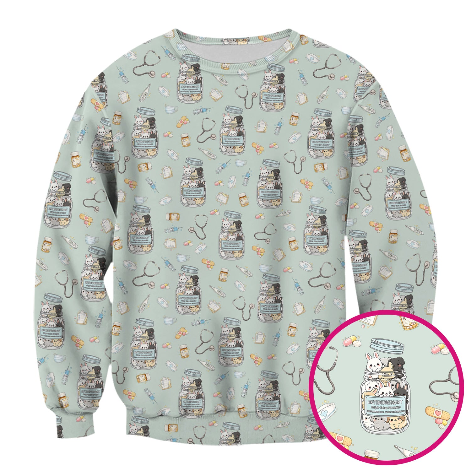 Whimsical Antidepressant Rabbit Jar Design Nurse Scrub Top, Soft & Breathable Workwear