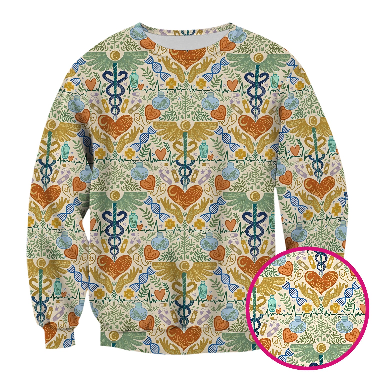 Inspirational Botanical Medical Caduceus Heart Nurse Pattern Scrub Top, Breathable Fabrics Nursing Uniform
