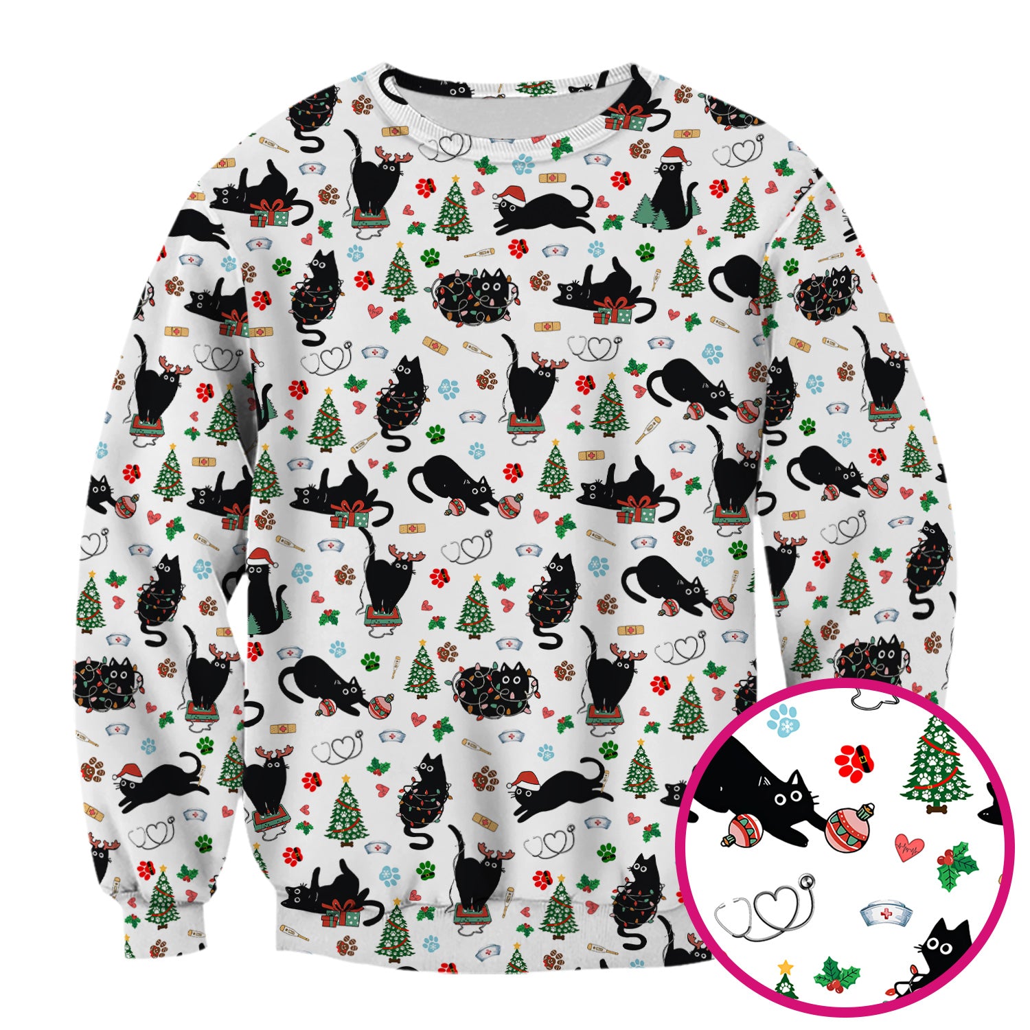 Black Cat Christmas Nurse Scrub Top, Festive Kitty Medical Uniform Shirt for Women